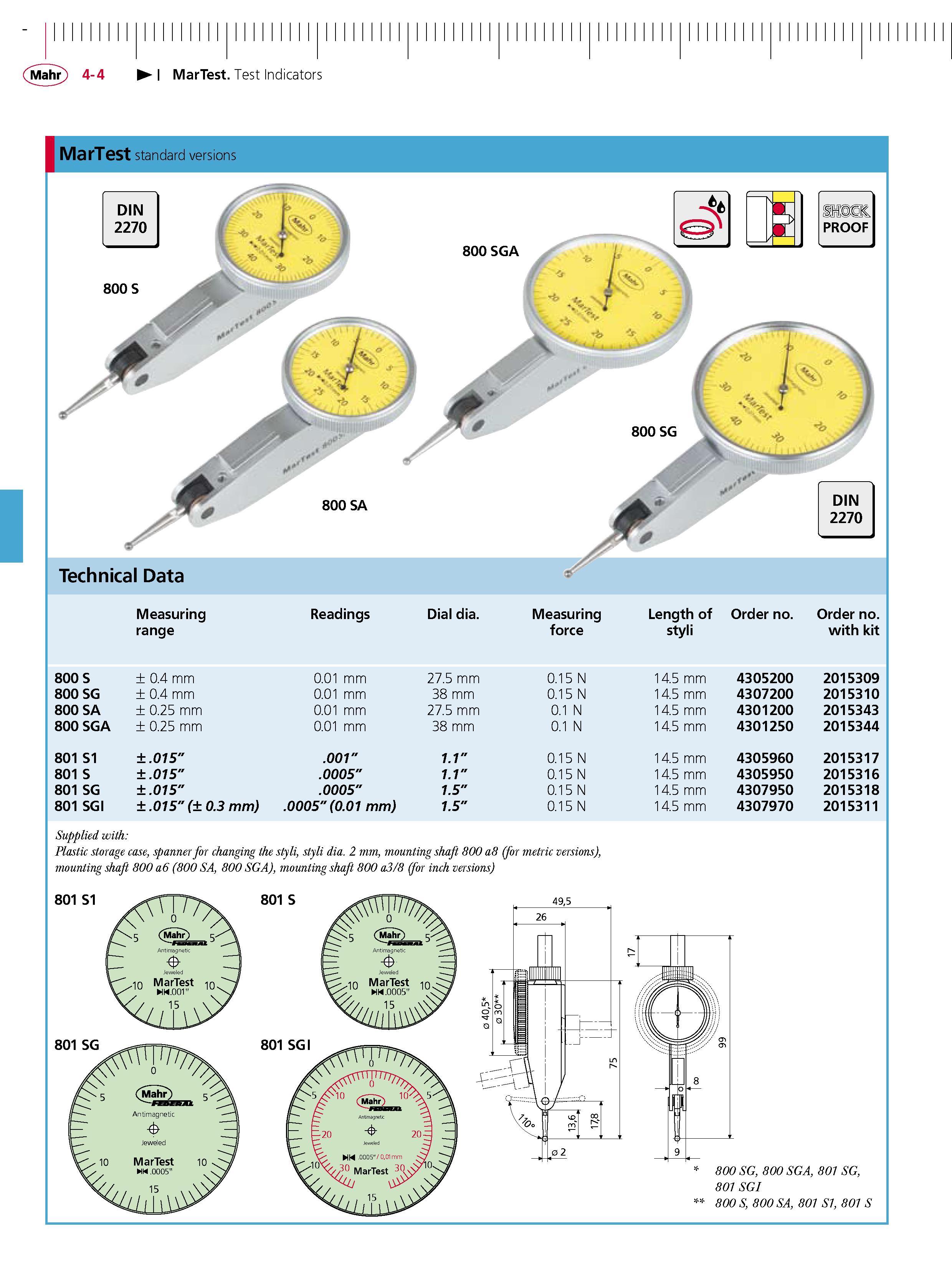 100 MarTest Test Indicators J MarTest standard versions Measuring range Readings Dial dia Measuring force Length of styli Order no Order no with ki Каталог MAHR 2007 Линейно-угловые средства измерений Измерительный инструмент и оборудование для предприятий машиностроения Стр. 4-4 ENG