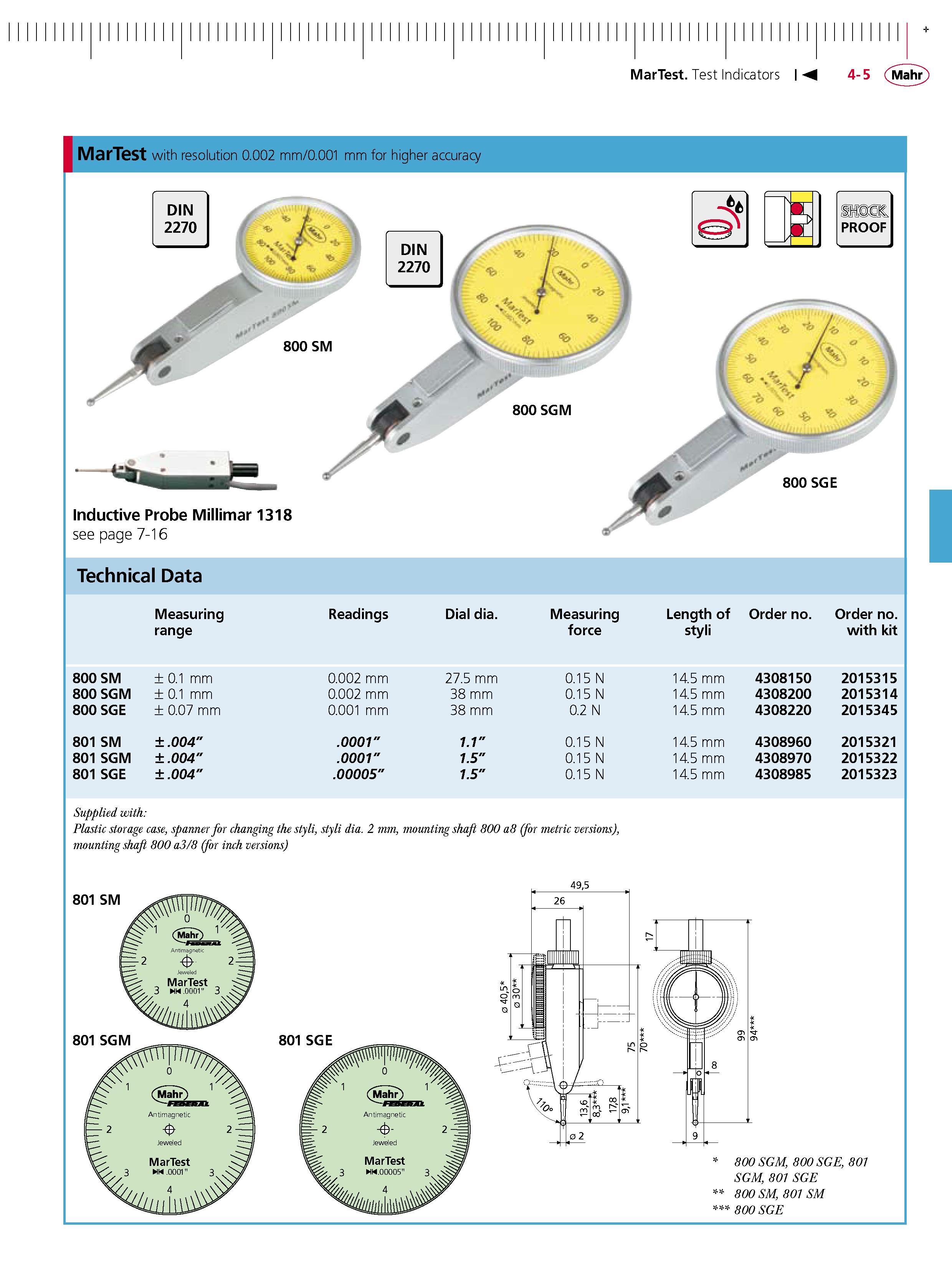101 MarTest Test Indicators J MarTest with resolution 0 002 mm 0 001 mm for higher accuracy DIN 2270 - 't k -f DIN 2270 800 SM 800 SGM Inductive Pr Каталог MAHR 2007 Линейно-угловые средства измерений Измерительный инструмент и оборудование для предприятий машиностроения Стр. 4-5 ENG