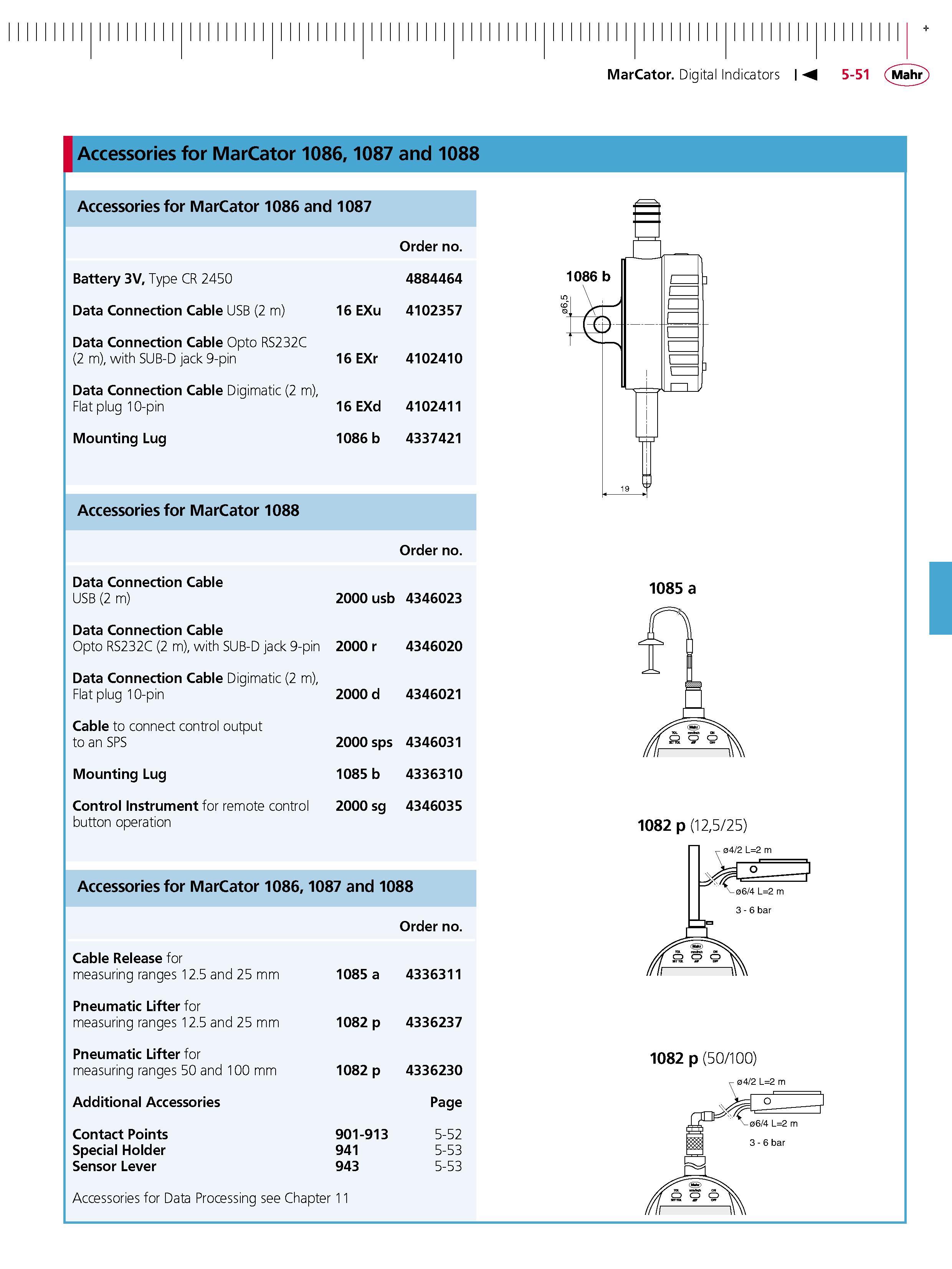 161 MarCator Digital Indicators T Accessories for MarCator 1086 1087 and 1088 Accessories for MarCator 1086 and 1087 Order no Battery 3V Type CR 24 Каталог MAHR 2007 Линейно-угловые средства измерений Измерительный инструмент и оборудование для предприятий машиностроения Стр. 5-51 ENG