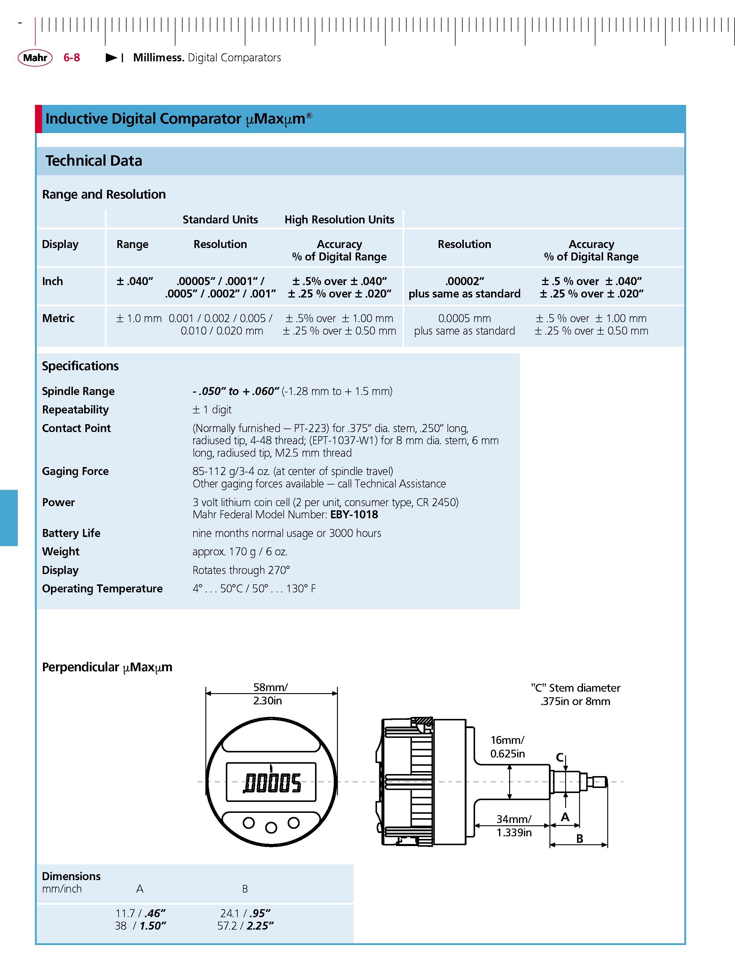172 Millimess Digital Comparators Inductive Digital Comparator Max m Technical Data Range and Resolution Display Inch Metric Range 040 Standard Uni Каталог MAHR 2007 Линейно-угловые средства измерений Измерительный инструмент и оборудование для предприятий машиностроения Стр. 6-8 ENG