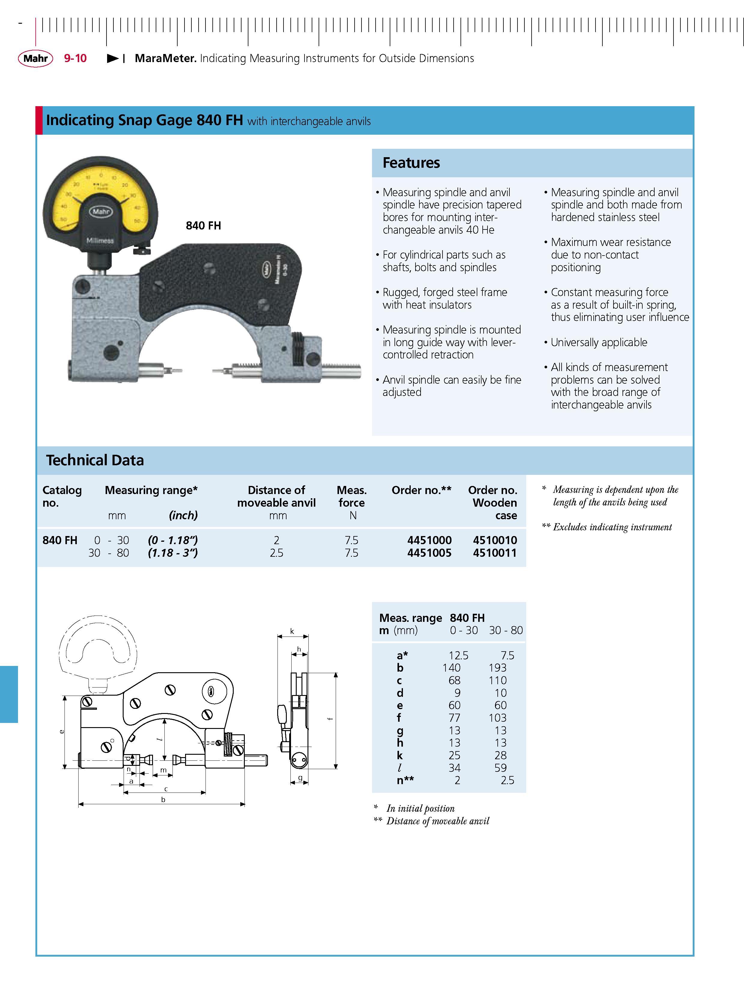 260 MaraMeter Indicating Measuring Instruments for Outside Dimensions Indicating Snap Gage 840 FH with interchangeable anvils Features Measuring sp Каталог MAHR 2007 Линейно-угловые средства измерений Измерительный инструмент и оборудование для предприятий машиностроения Стр. 9-10 ENG