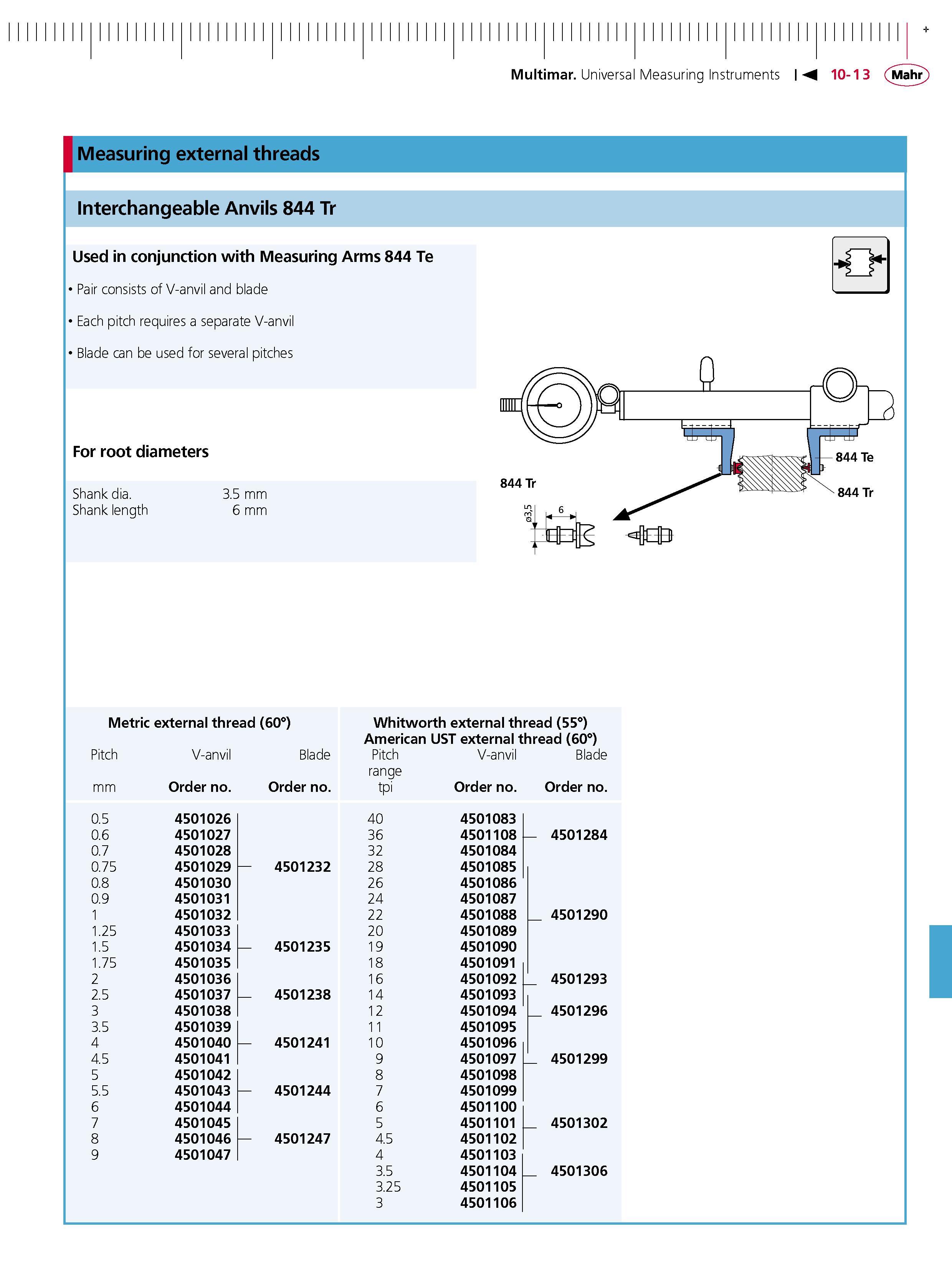 331 Multimar Universal Measuring Instruments Mahr Measuring external threads Interchangeable Anvils 844 Tr Used in conjunction with Measuring Arms Каталог MAHR 2007 Линейно-угловые средства измерений Измерительный инструмент и оборудование для предприятий машиностроения Стр. 10-13 ENG