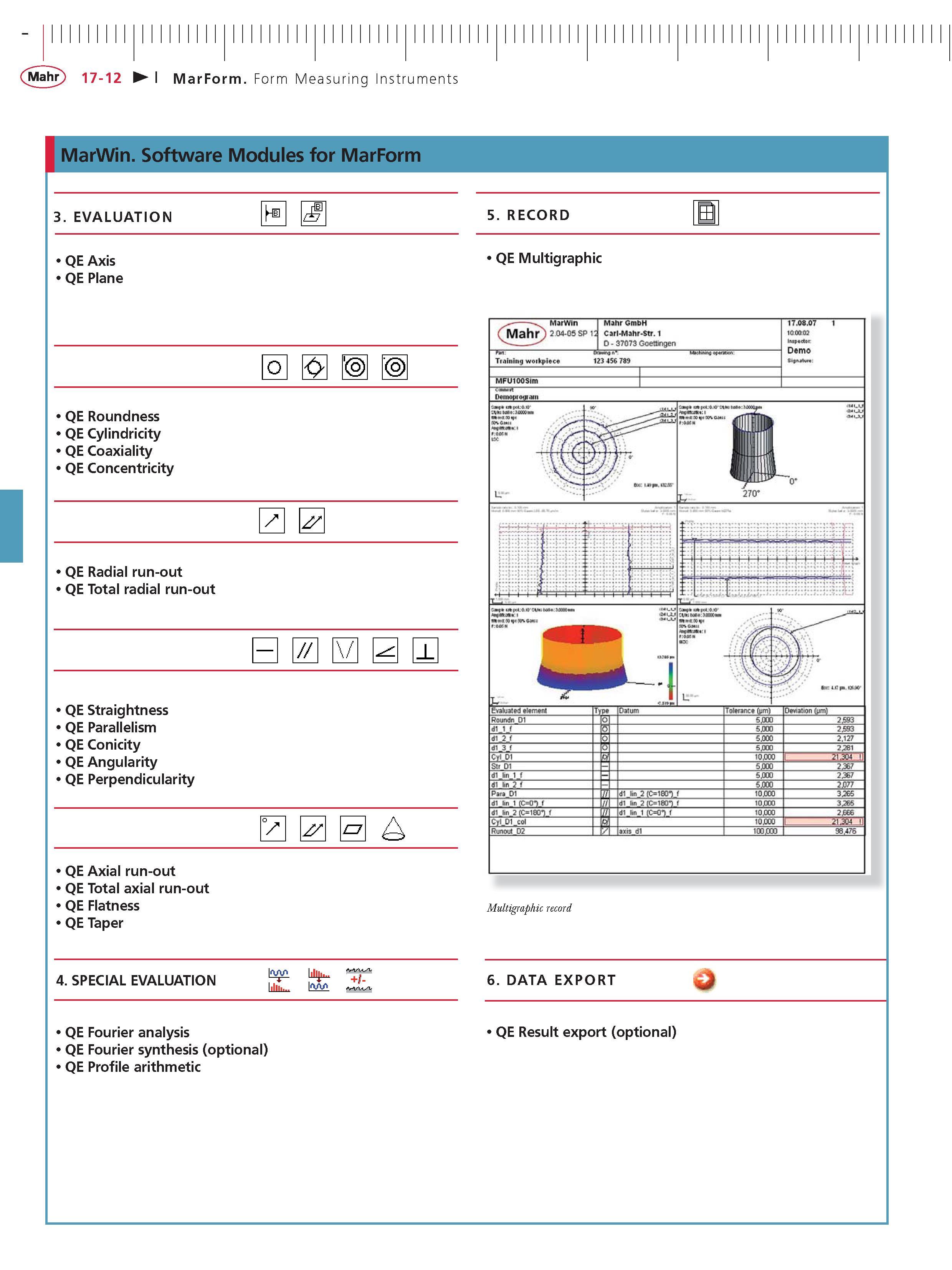 456 MarWin Software Modules for MarForm 3 EVALUATION QE Axis QE Plane QE Roundness QE Cylindricity QE Coaxiality QE Concentricity QE Radial run-out Каталог MAHR 2007 Линейно-угловые средства измерений Измерительный инструмент и оборудование для предприятий машиностроения Стр. 17-12 ENG
