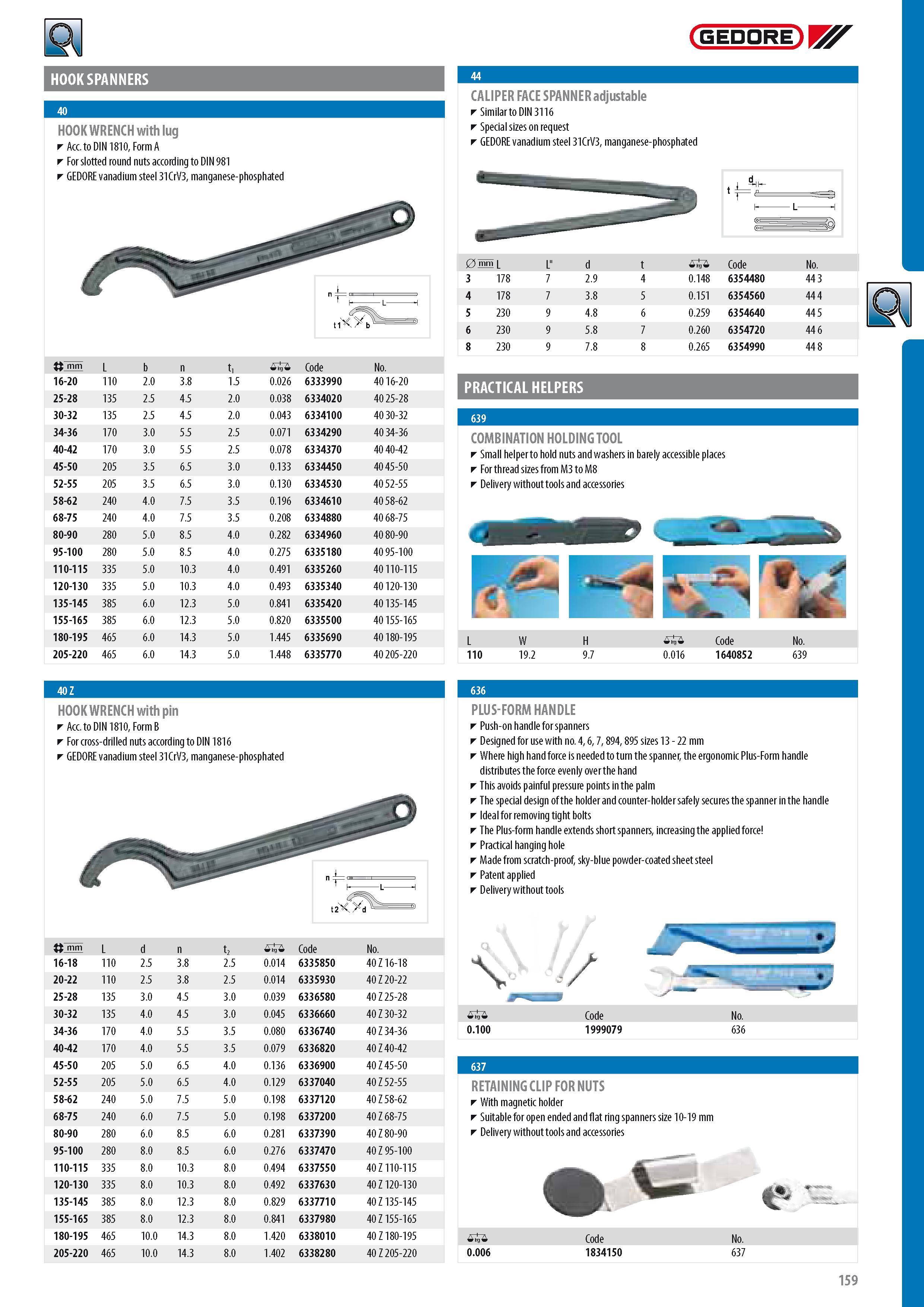 161 GEDORE WF HOOK SPANNERS HOOK WRENCH with lug Acc to DIN 1810 Form A For slotted round nuts according to DIN 981 GEDORE vanadium steel 31CrV3 manganese-phos Каталог GEDORE 2014 Профессиональный слесарный инструмент и оборудование для мастерских и машиностроительных производств Стр. 159 ENG