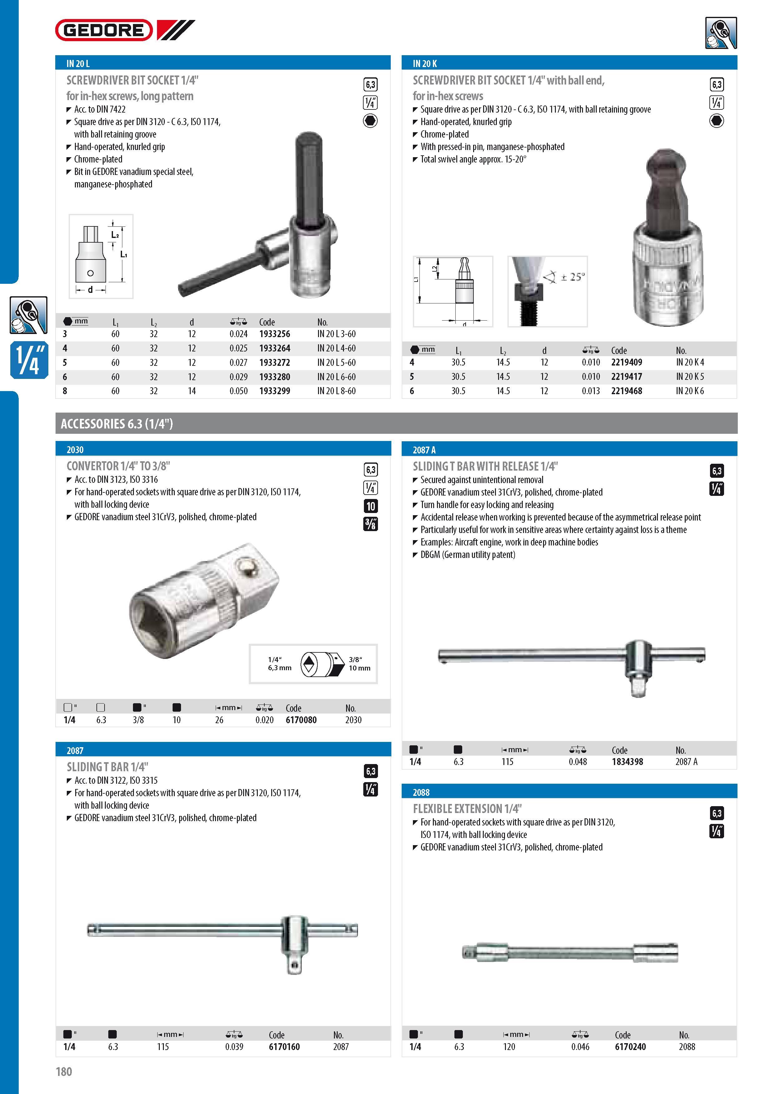 182 GEDORE SCREWDRIVER BIT SOCKET 1 4 for in-hex screws long pattern Acc to DIN 7422 Square drive as per DIN 3120 - C 6 3 ISO 1174 with ball retaining groove H Каталог GEDORE 2014 Профессиональный слесарный инструмент и оборудование для мастерских и машиностроительных производств Стр. 180 ENG