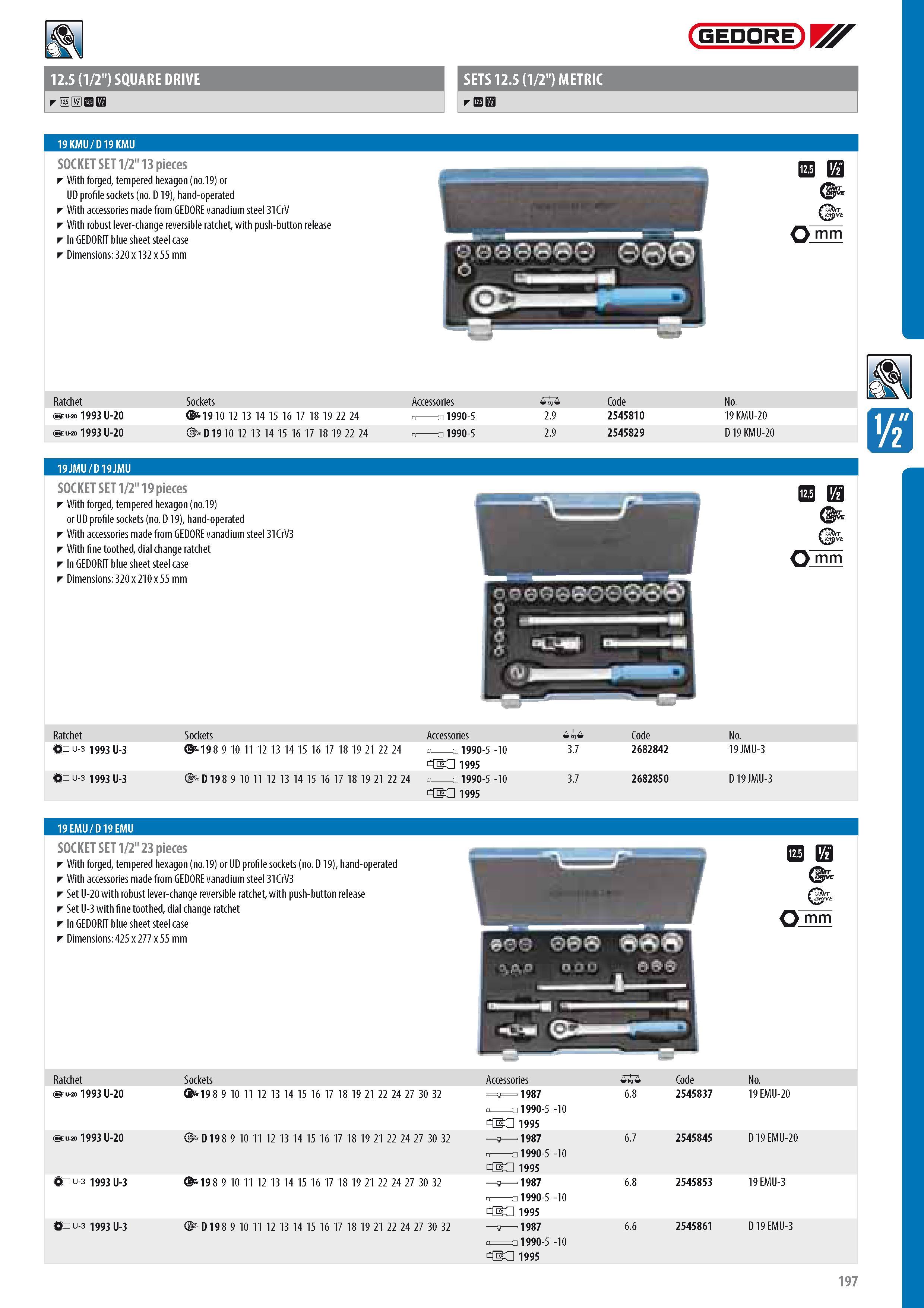 199 GEDORE 12 5 (1 2 ) SQUARE DRIVE SETS 12 5 (1 2 ) METRIC 19 KMU D 19 KMU SOCKET SET 1 2 13 pieces With forged tempered hexagon (no 19) or UD profile sockets Каталог GEDORE 2014 Профессиональный слесарный инструмент и оборудование для мастерских и машиностроительных производств Стр. 197 ENG