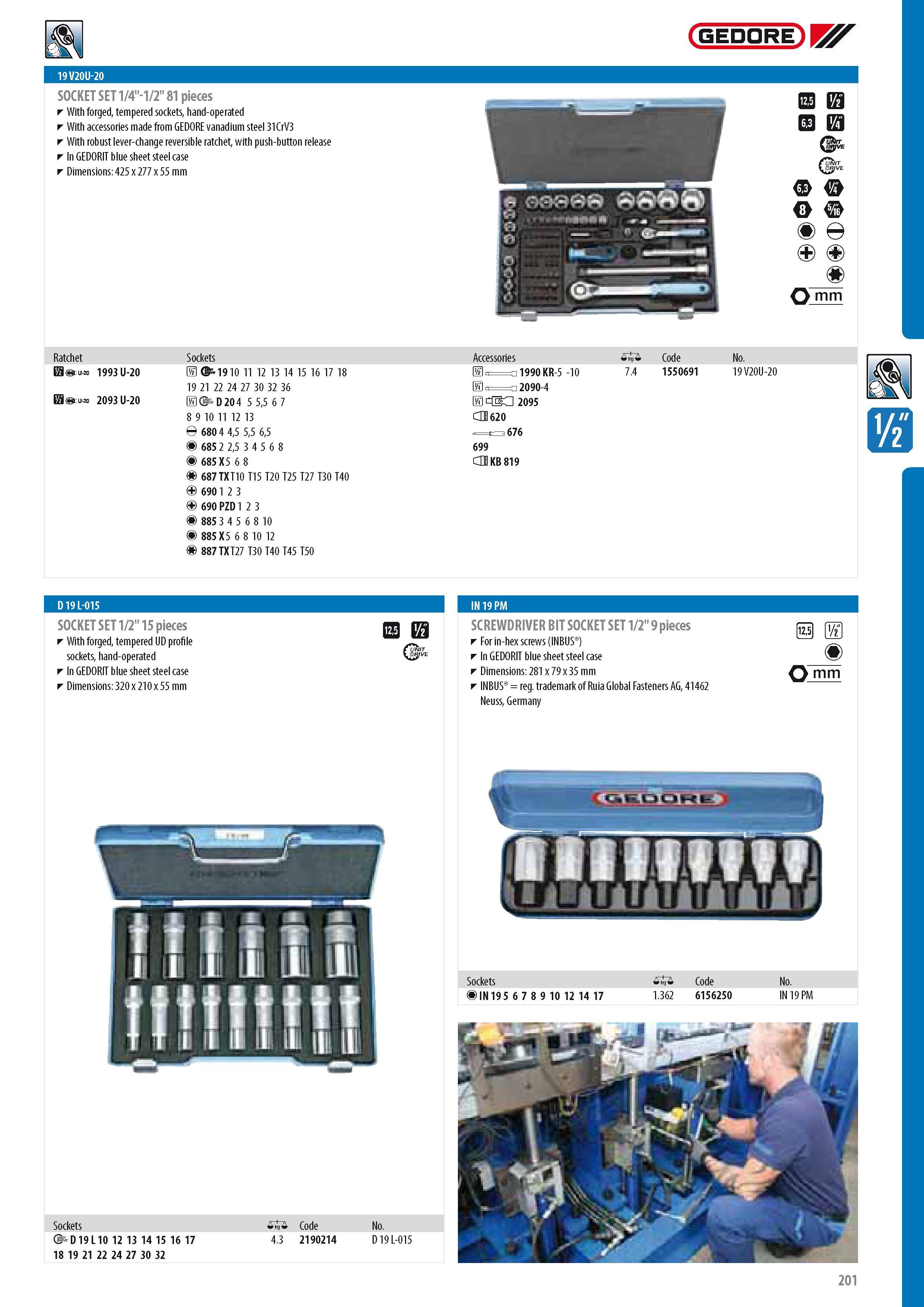 203 GEDORE 19 V20U-20 SOCKET SET 1 4 -1 2 81 pieces With forged tempered sockets hand-operated With accessories made from GEDORE vanadium steel 31CrV3 With rob Каталог GEDORE 2014 Профессиональный слесарный инструмент и оборудование для мастерских и машиностроительных производств Стр. 201 ENG
