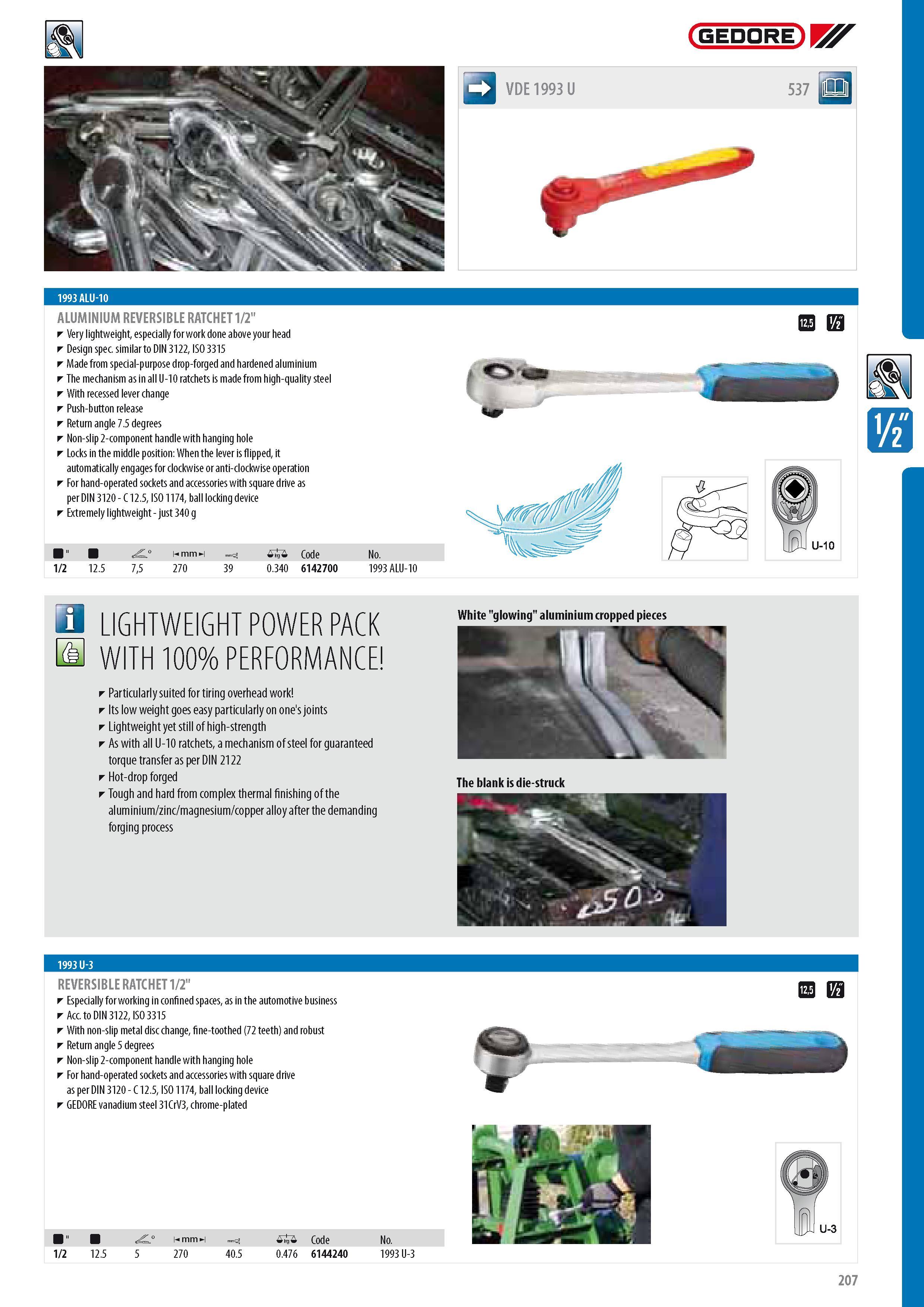 209 GEDORE A VDE1993U 1993 ALU-10 ALUMINIUM REVERSIBLE RATCHET 1 2 Very lightweight especially for work done above your head Design spec similar to DIN 3122 IS Каталог GEDORE 2014 Профессиональный слесарный инструмент и оборудование для мастерских и машиностроительных производств Стр. 207 ENG