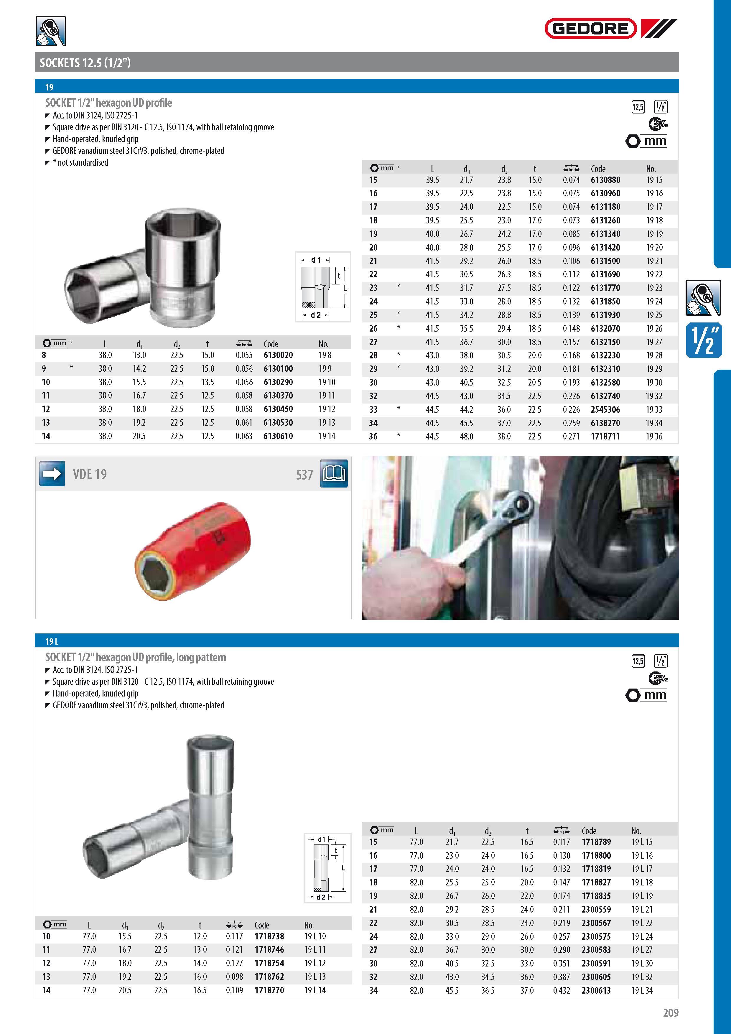 211 GEDORE SOCKETS 12 5 (1 2) 19 SOCKET 1 2 hexagon UD profile Acc to DIN 3124 ISO 2725-1 Square drive as per DIN 3120 - C 12 5 ISO 1174 with ball retaining gr Каталог GEDORE 2014 Профессиональный слесарный инструмент и оборудование для мастерских и машиностроительных производств Стр. 209 ENG