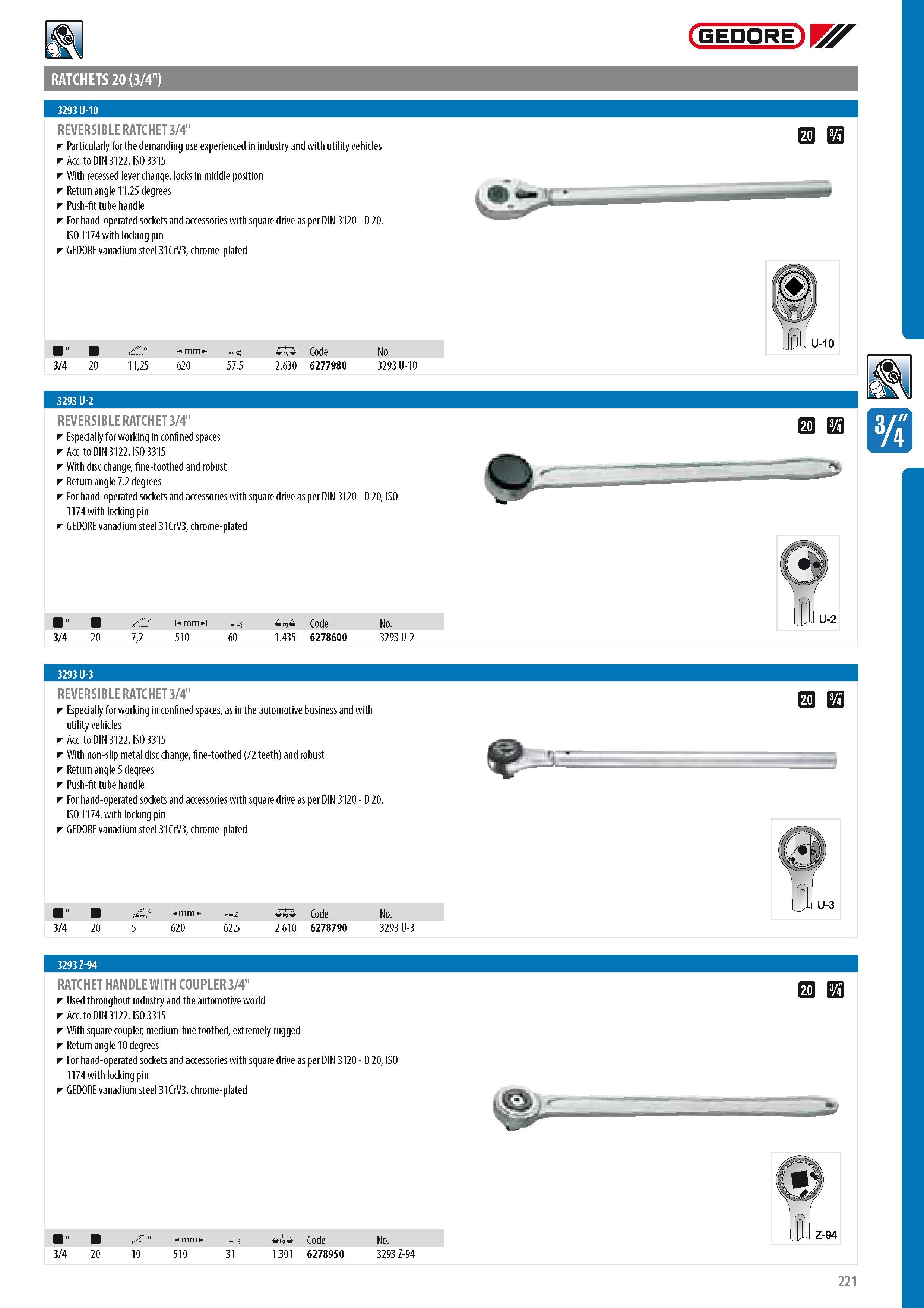223 GEDORE RATCHETS 20 (3 4 ) REVERSIBLE RATCHET 3 4 Particularly for the demanding use experienced in industry and with utility vehicles Acc to DIN 3122 ISO 3 Каталог GEDORE 2014 Профессиональный слесарный инструмент и оборудование для мастерских и машиностроительных производств Стр. 221 ENG