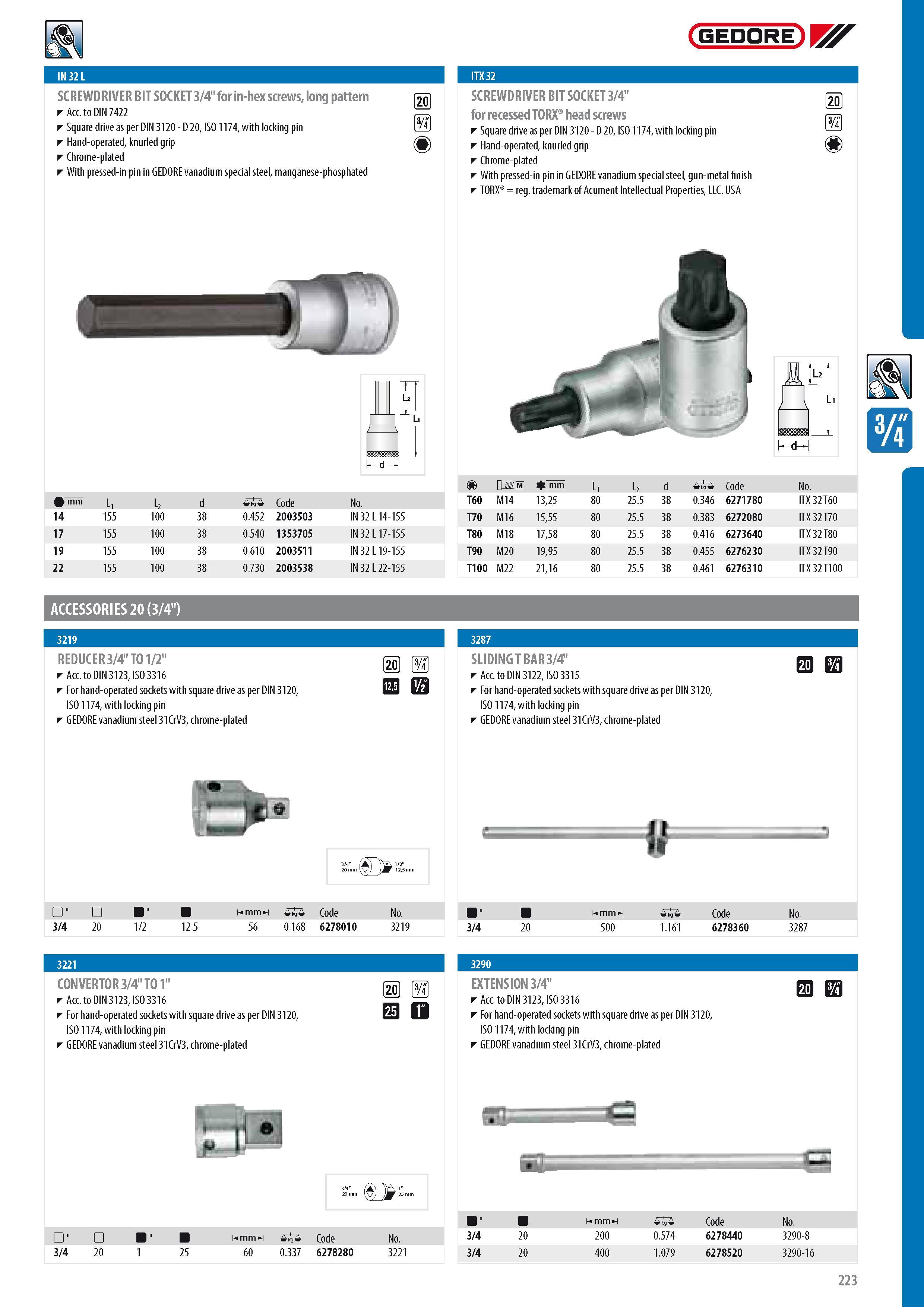 225 GEDORE SCREWDRIVER BIT SOCKET 3 4 for in-hex screws long pattern p Acc to DIN 7422 P Square drive as per DIN 3120 - D 20 ISO 1174 with locking pin U Hand-o Каталог GEDORE 2014 Профессиональный слесарный инструмент и оборудование для мастерских и машиностроительных производств Стр. 223 ENG