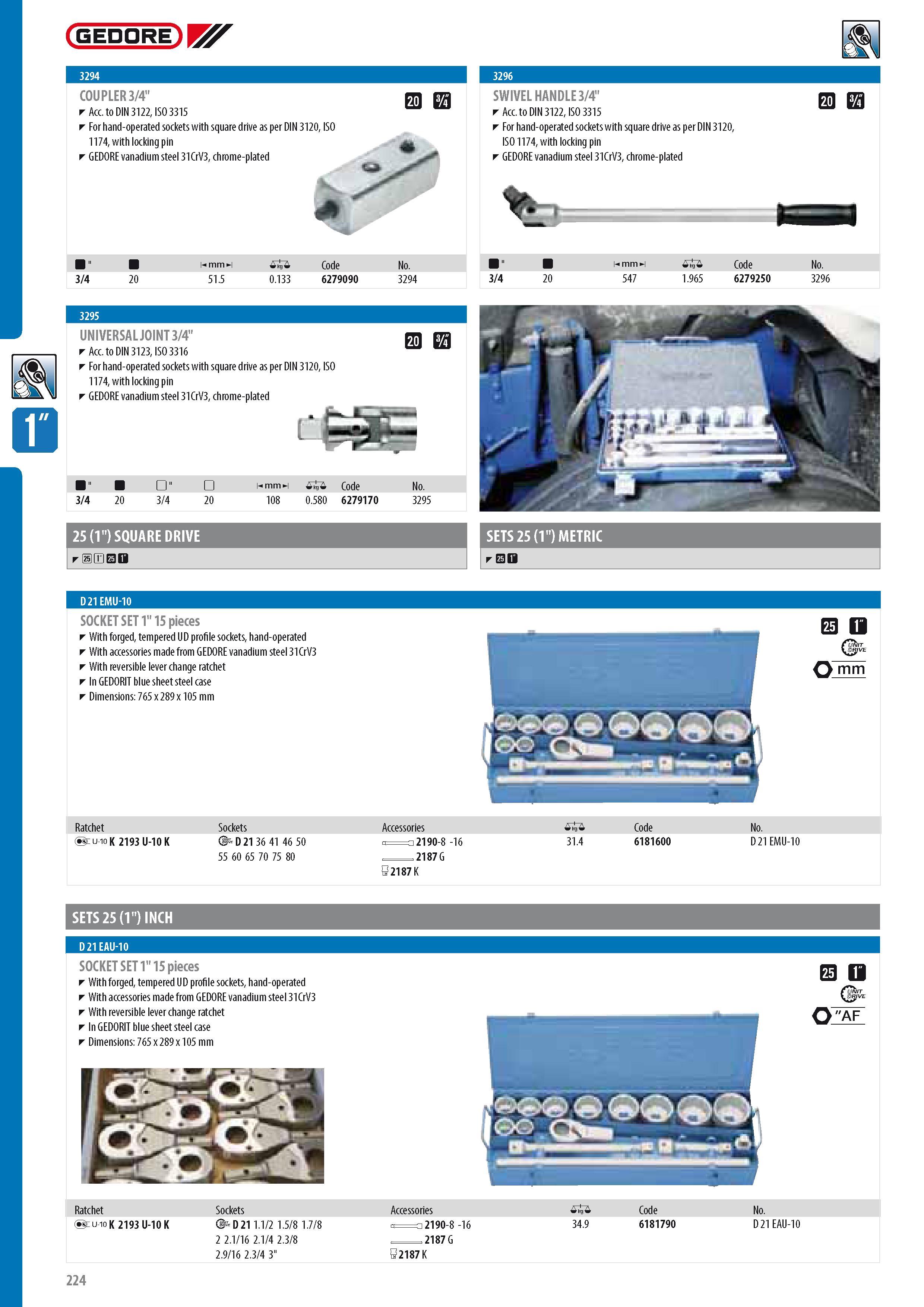 226 GEDORE COUPLER 3 4 Acc to DIN 3122 ISO 3315 For hand-operated sockets with square drive as per DIN 3120 ISO 1174 with locking pin GEDORE vanadium steel 31C Каталог GEDORE 2014 Профессиональный слесарный инструмент и оборудование для мастерских и машиностроительных производств Стр. 224 ENG