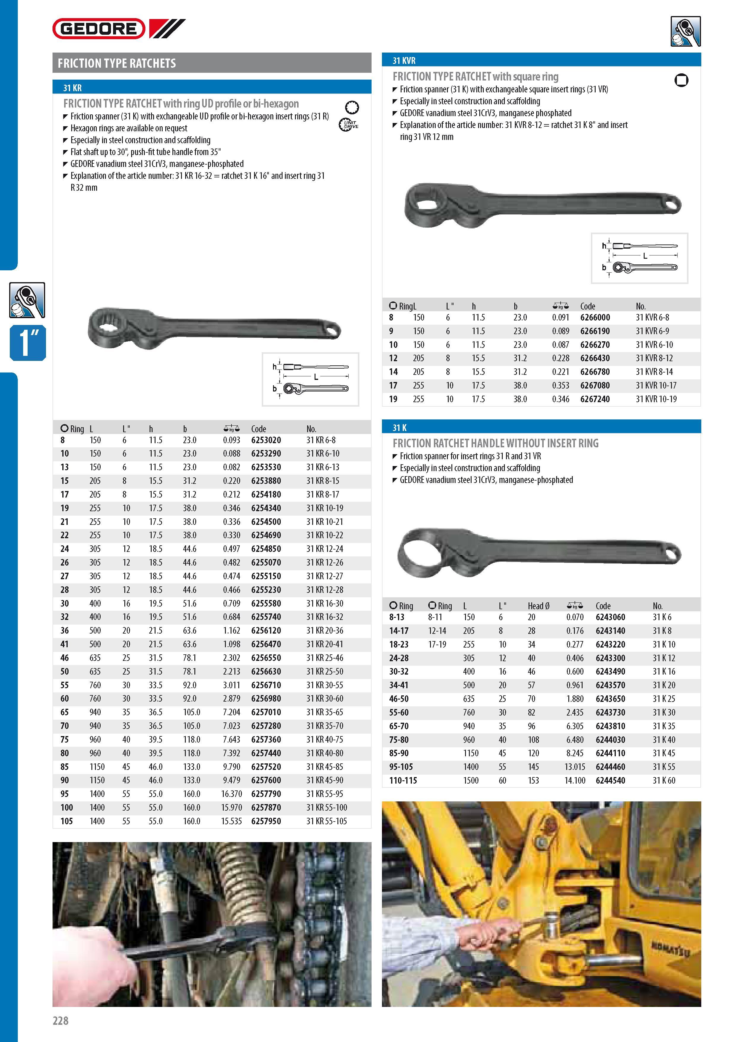 230 GEDORE FRICTION TYPE RATCHETS FRICTION TYPE RATCHET with ring UD profile or bi-hexagon Friction spanner (31 K) with exchangeable UD profile or bi-hexagon i Каталог GEDORE 2014 Профессиональный слесарный инструмент и оборудование для мастерских и машиностроительных производств Стр. 228 ENG