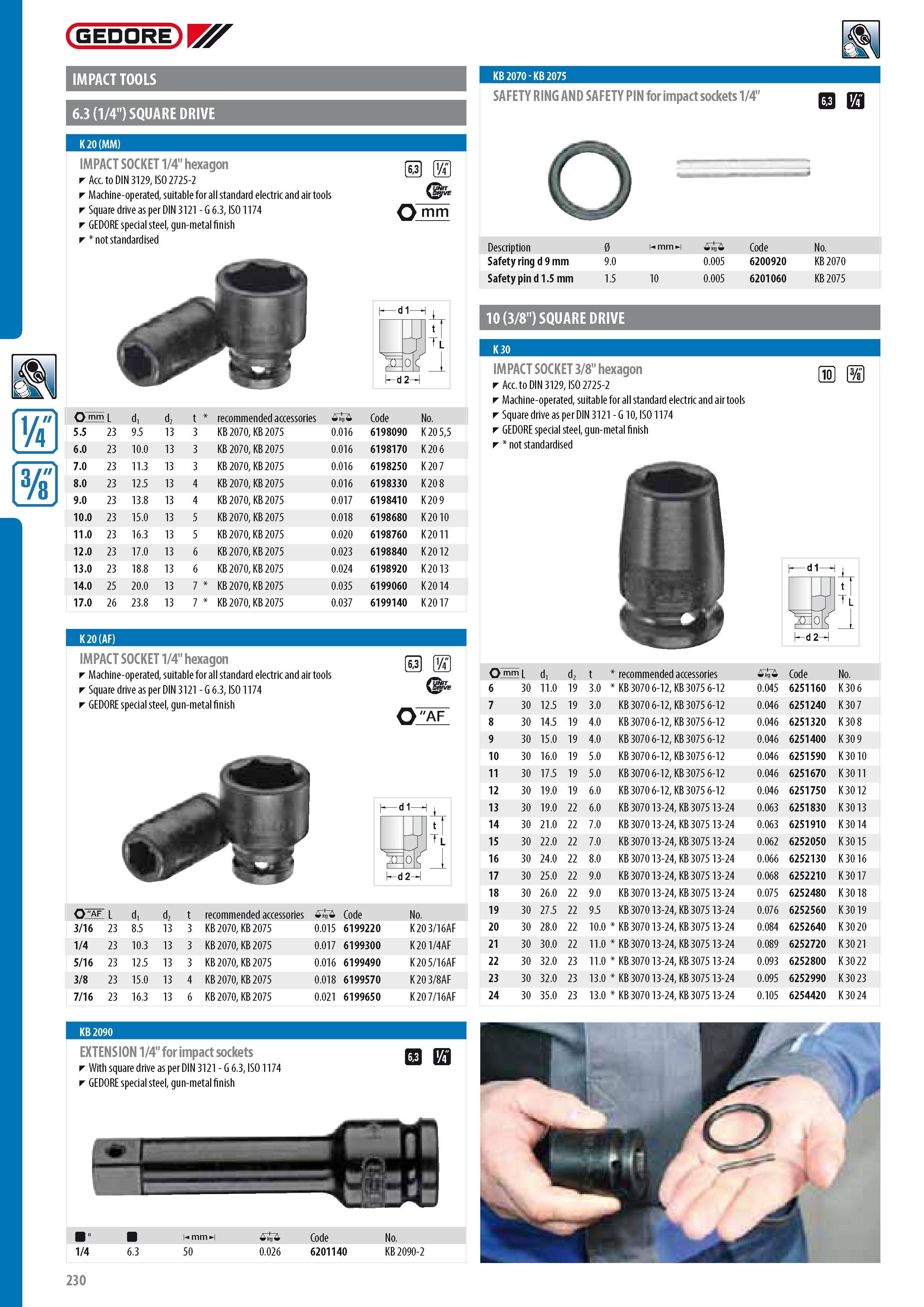 232 GEDORE IMPACT TOOLS 6 3 (1 4 ) SQUARE DRIVE K 20 (MM) IMPACT SOCKET 1 4 hexagon Acc to DIN 3129 ISO 2725-2 Machine-operated suitable for all standard elect Каталог GEDORE 2014 Профессиональный слесарный инструмент и оборудование для мастерских и машиностроительных производств Стр. 230 ENG