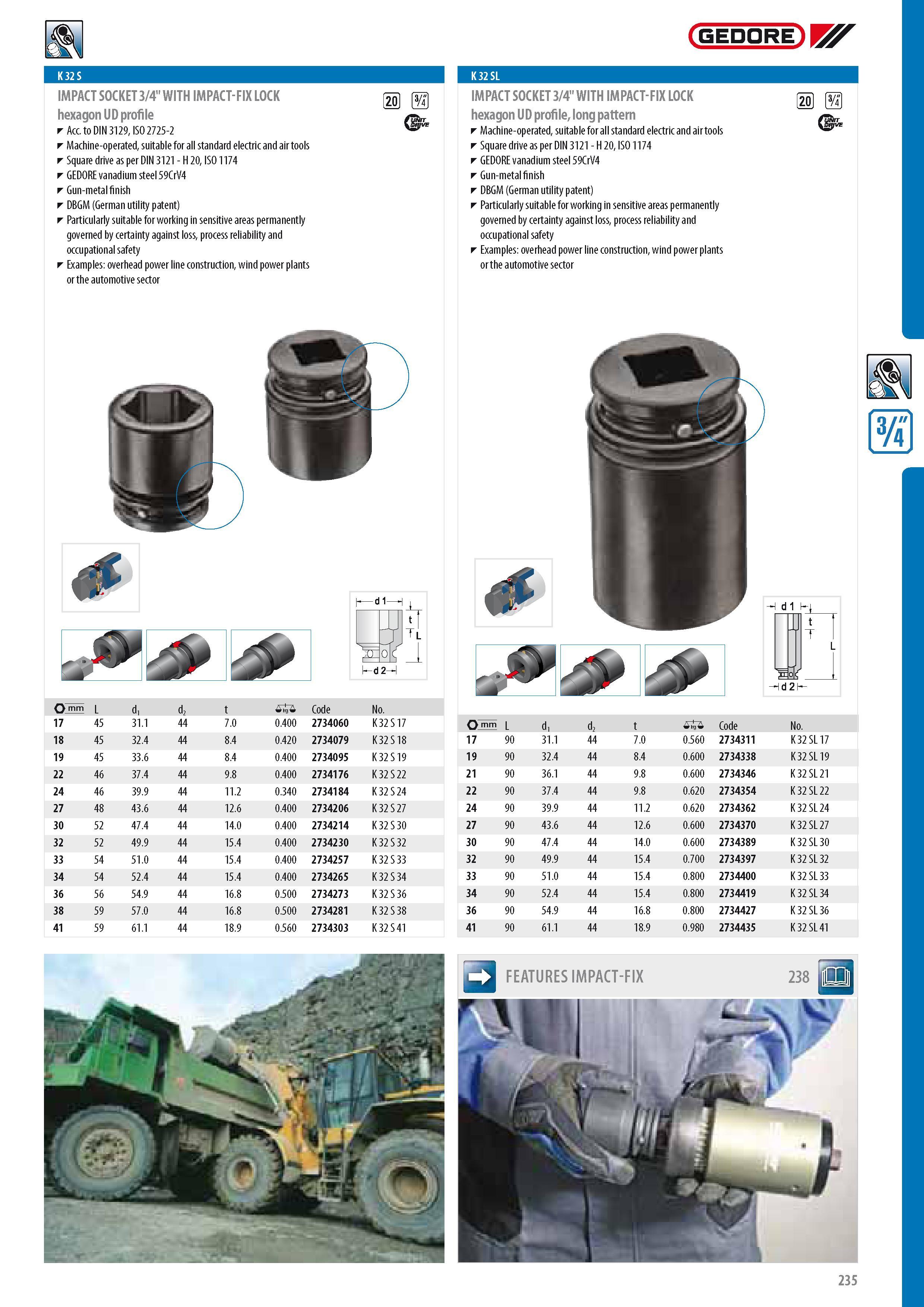 237 GEDORE IMPACT SOCKET 3 4 WITH IMPACT-FIX LOCK hexagon UD profile Acc to DIN 3129 ISO 2725-2 Machine-operated suitable for all standard electric and air too Каталог GEDORE 2014 Профессиональный слесарный инструмент и оборудование для мастерских и машиностроительных производств Стр. 235 ENG