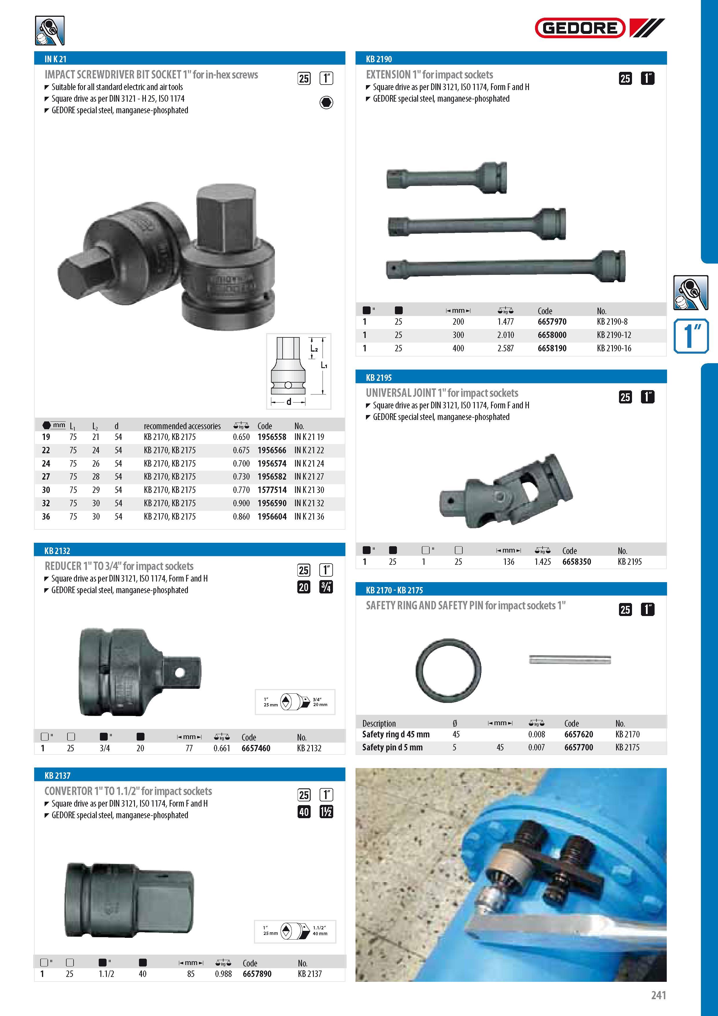 243 GEDORE IMPACT SCREWDRIVER BIT SOCKET 1 for in-hex screws Suitable for all standard electric and air tools Square drive as per DIN 3121 - H 25 ISO 1174 GEDO Каталог GEDORE 2014 Профессиональный слесарный инструмент и оборудование для мастерских и машиностроительных производств Стр. 241 ENG