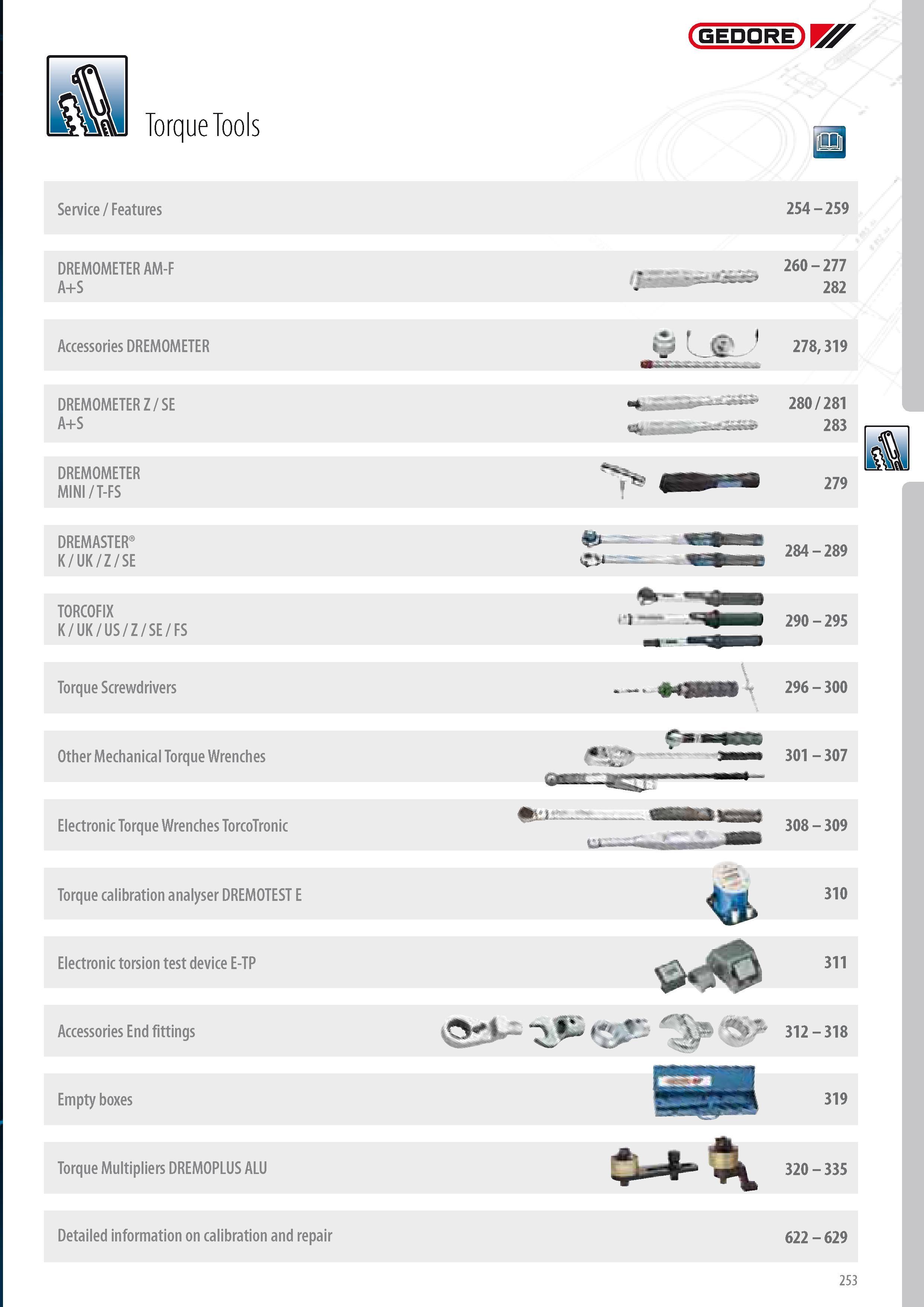 255 Torque Tools GEDORE Service Features DREMOMETER AM-F A+S Accessories DREMOMETER DREMOMETER Z SE A+S DREMOMETER MINI T-FS DREMASTER K UK Z SE TORCOFIX K UK Каталог GEDORE 2014 Профессиональный слесарный инструмент и оборудование для мастерских и машиностроительных производств Стр. 253 ENG