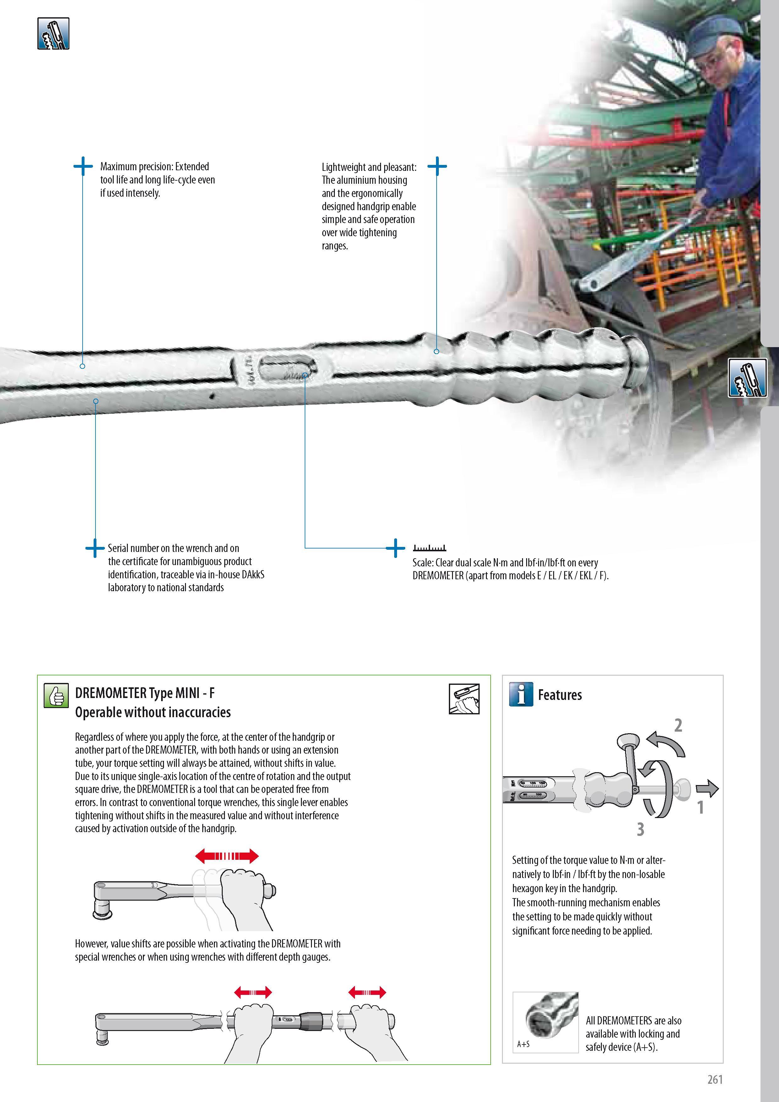 263 Maximum precision Extended tool life and long life-cycle even if used intensely ' Serial number on the wrench and on the certificate for unambiguous produc Каталог GEDORE 2014 Профессиональный слесарный инструмент и оборудование для мастерских и машиностроительных производств Стр. 261 ENG