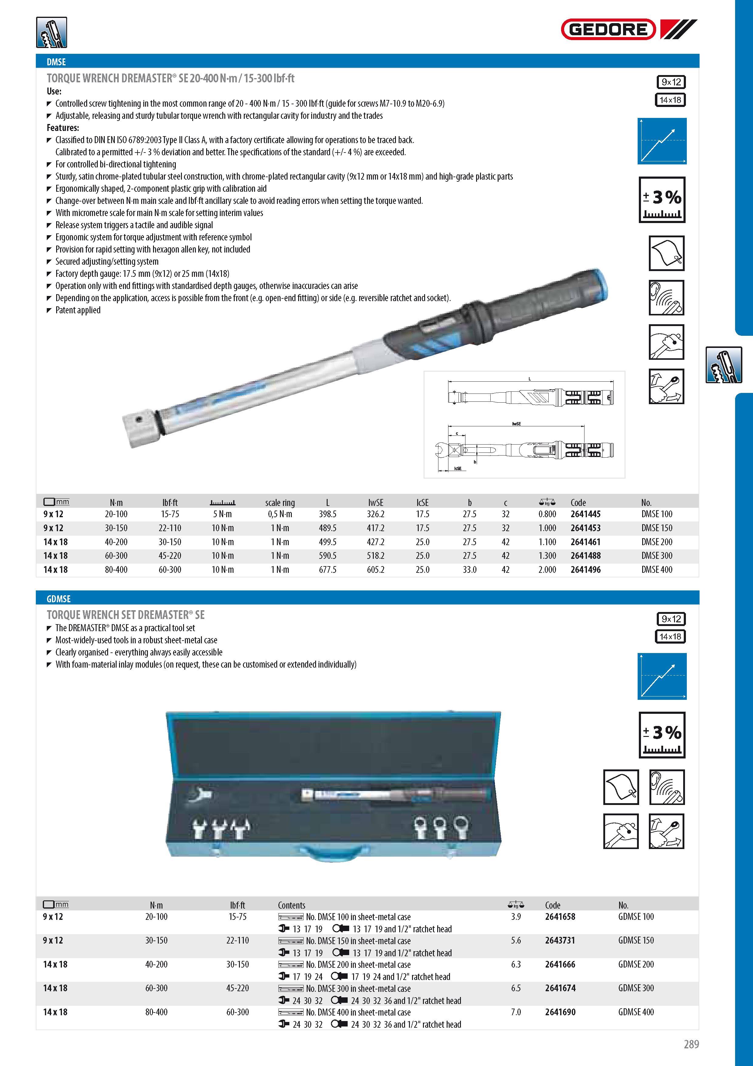 291 GEDORE TORQUE WRENCH DREMASTER SE 20-400 Nm 15-300 lbfft Controlled screw tightening in the most common range of 20 - 400 N m 15 - 300 lbf ft (guide for sc Каталог GEDORE 2014 Профессиональный слесарный инструмент и оборудование для мастерских и машиностроительных производств Стр. 289 ENG