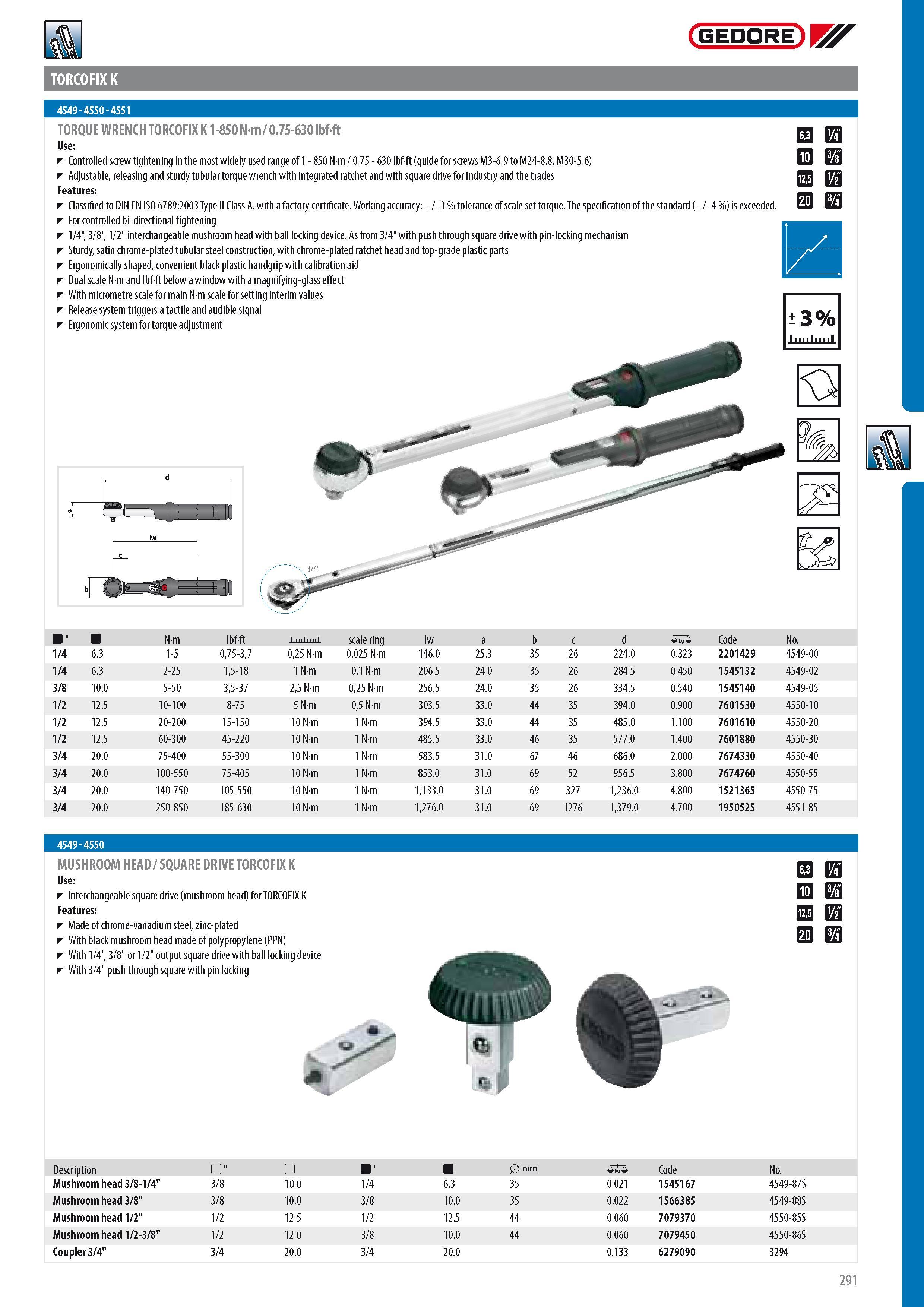 293 GEDORE TORCOFIX K 4549 - 4550 - 4551 TORQUE WRENCH TORCOFIX K 1-850 Nm 0 75-630 lbf-ft Controlled screw tightening in the most widely used range of 1 - 850 Каталог GEDORE 2014 Профессиональный слесарный инструмент и оборудование для мастерских и машиностроительных производств Стр. 291 ENG