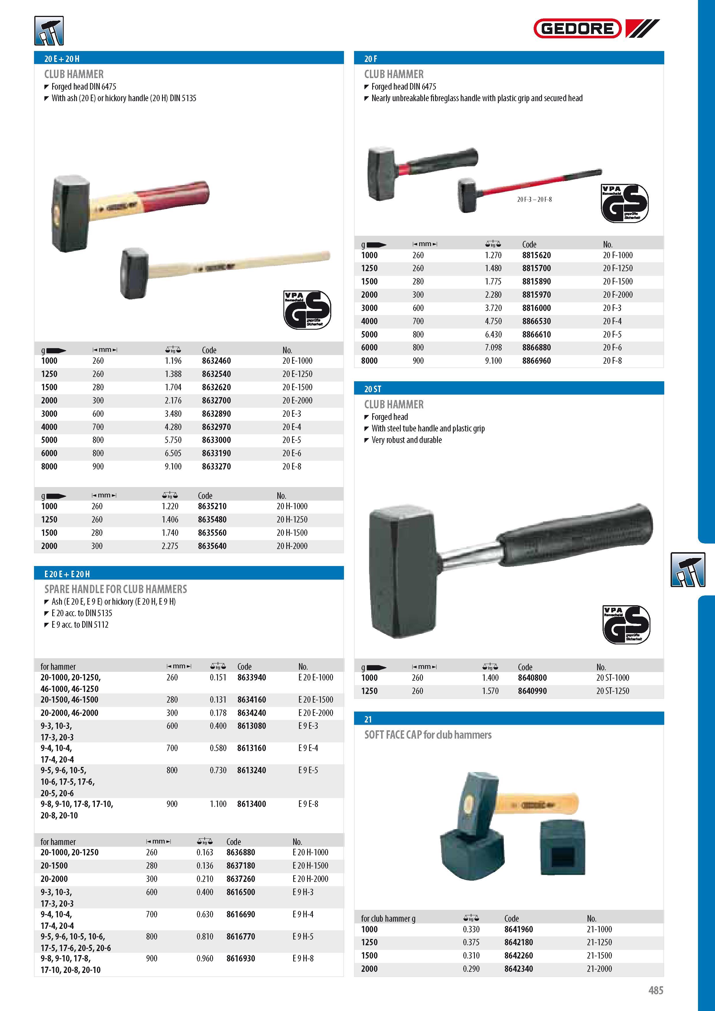 487 GEDORE 20E+20H CLUB HAMMER Forged head DIN 6475 With ash (20 E) or hickory handle (20 H) DIN 5135 CLUB HAMMER Forged head DIN 6475 Nearly unbreakable fibre Каталог GEDORE 2014 Профессиональный слесарный инструмент и оборудование для мастерских и машиностроительных производств Стр. 485 ENG