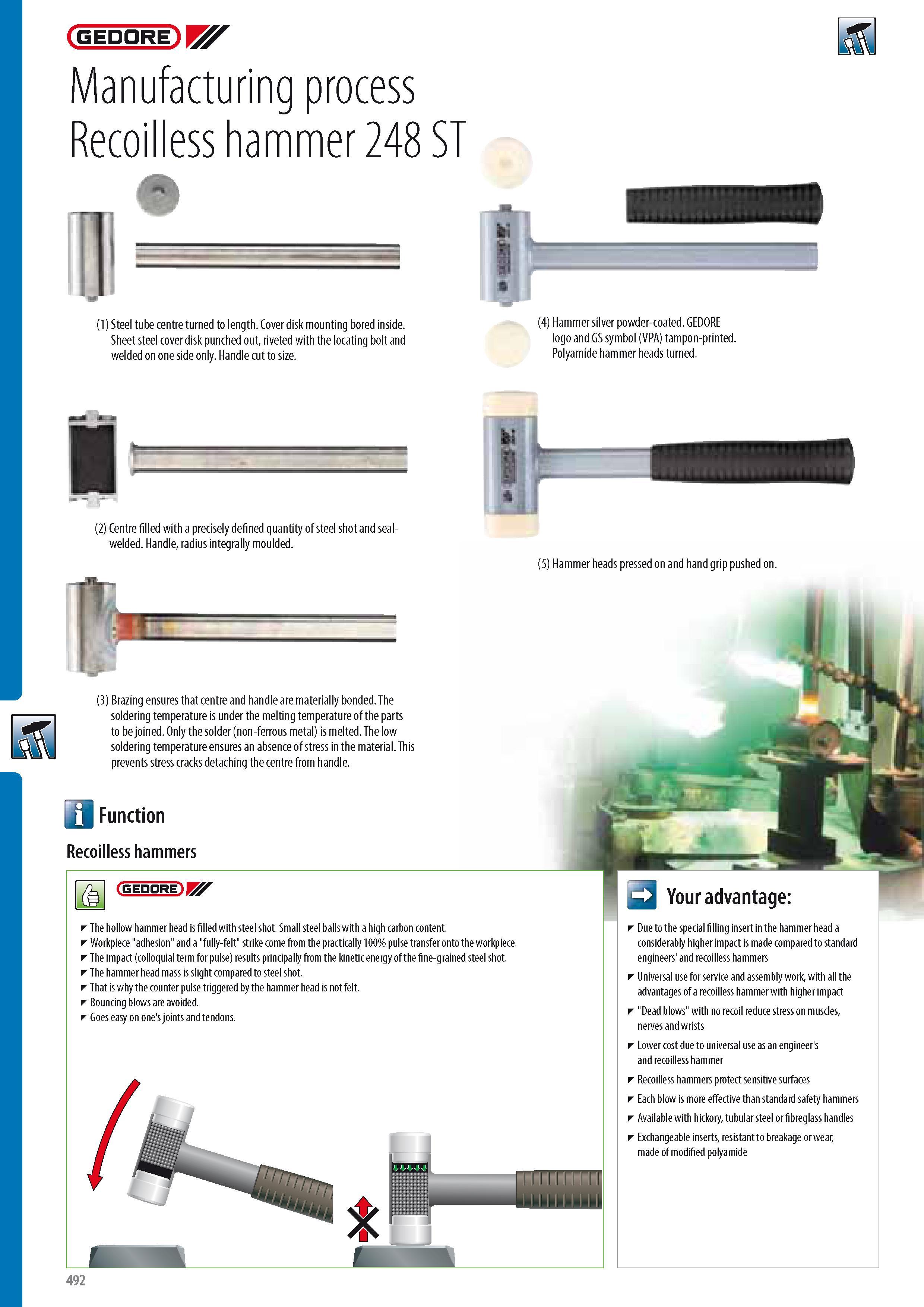 494 GEDORE Manufacturing process Recoilless hammer 248 ST (1) Steel tube centre turned to length Cover disk mounting bored inside Sheet steel cover disk punche Каталог GEDORE 2014 Профессиональный слесарный инструмент и оборудование для мастерских и машиностроительных производств Стр. 492 ENG