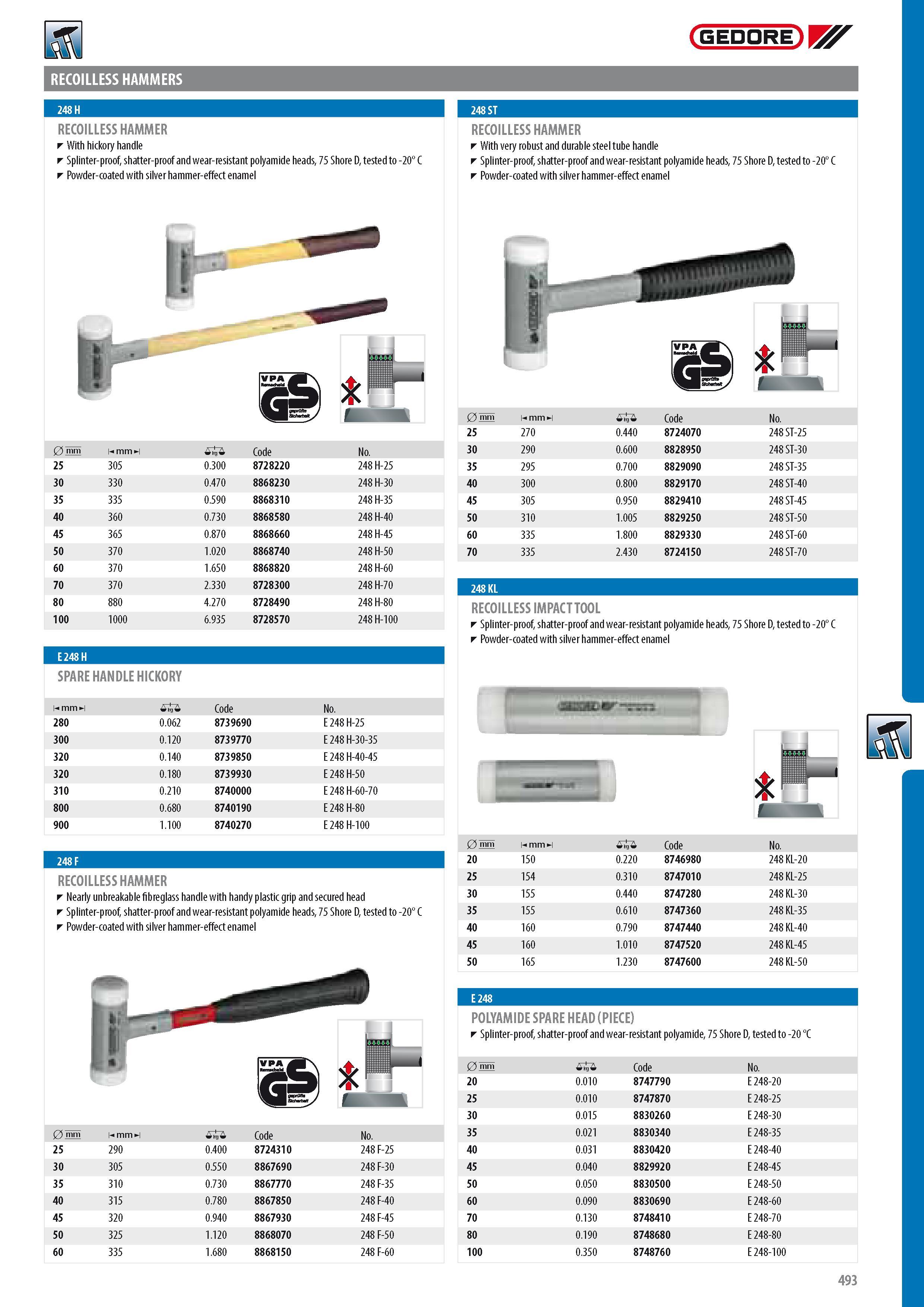 495 RECOILLESS HAMMERS GEDORE RECOILLESS HAMMER With hickory handle Splinter-proof shatter-proof and wear-resistant polyamide heads 75 Shore D tested to -20 C Каталог GEDORE 2014 Профессиональный слесарный инструмент и оборудование для мастерских и машиностроительных производств Стр. 493 ENG