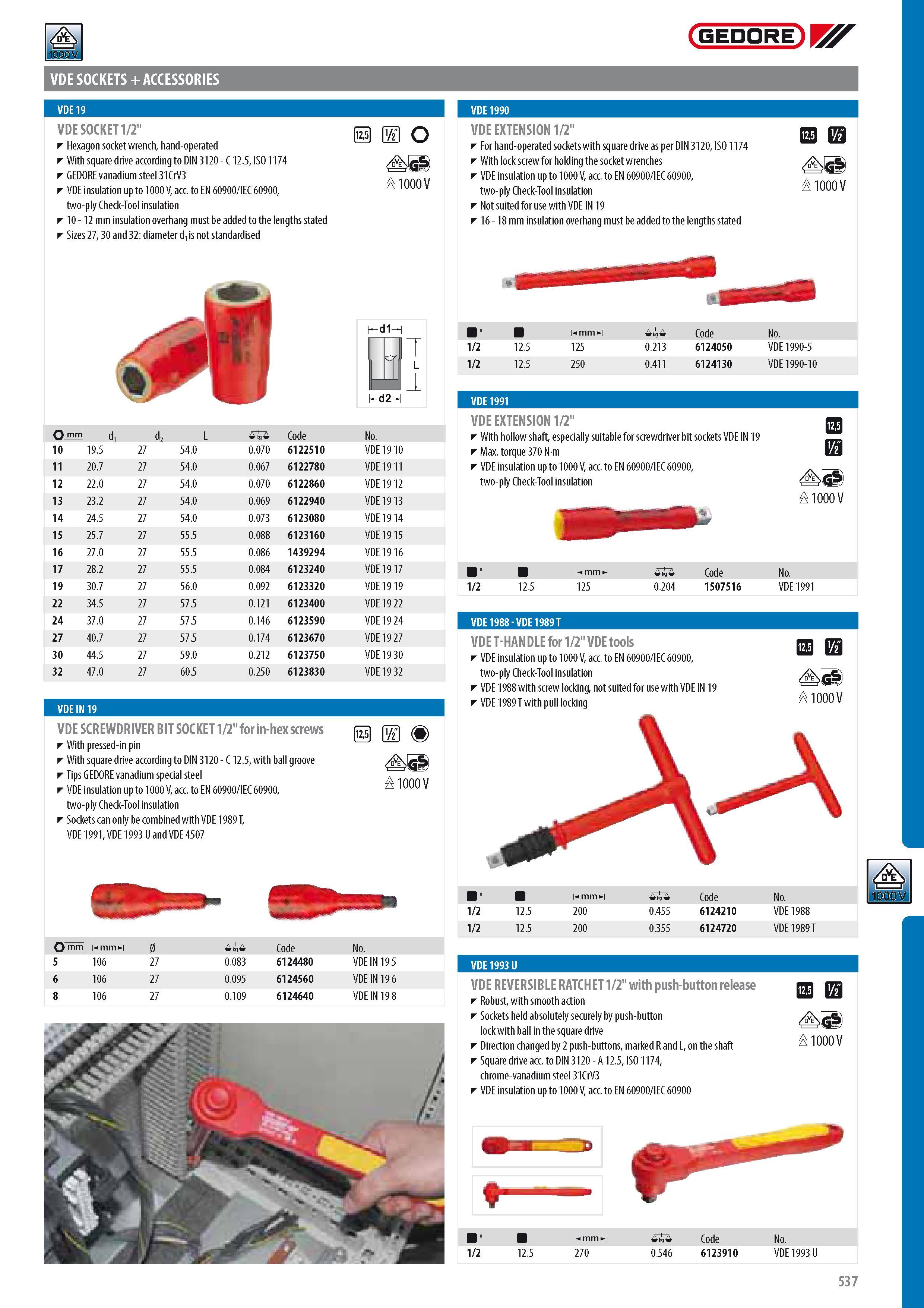 539 GEDORE VDE SOCKETS + ACCESSORIES VDE SOCKET 1 2 Hexagon socket wrench hand-operated With square drive according to DIN 3120 - C 12 5 ISO 1174 GEDORE vanadi Каталог GEDORE 2014 Профессиональный слесарный инструмент и оборудование для мастерских и машиностроительных производств Стр. 537 ENG