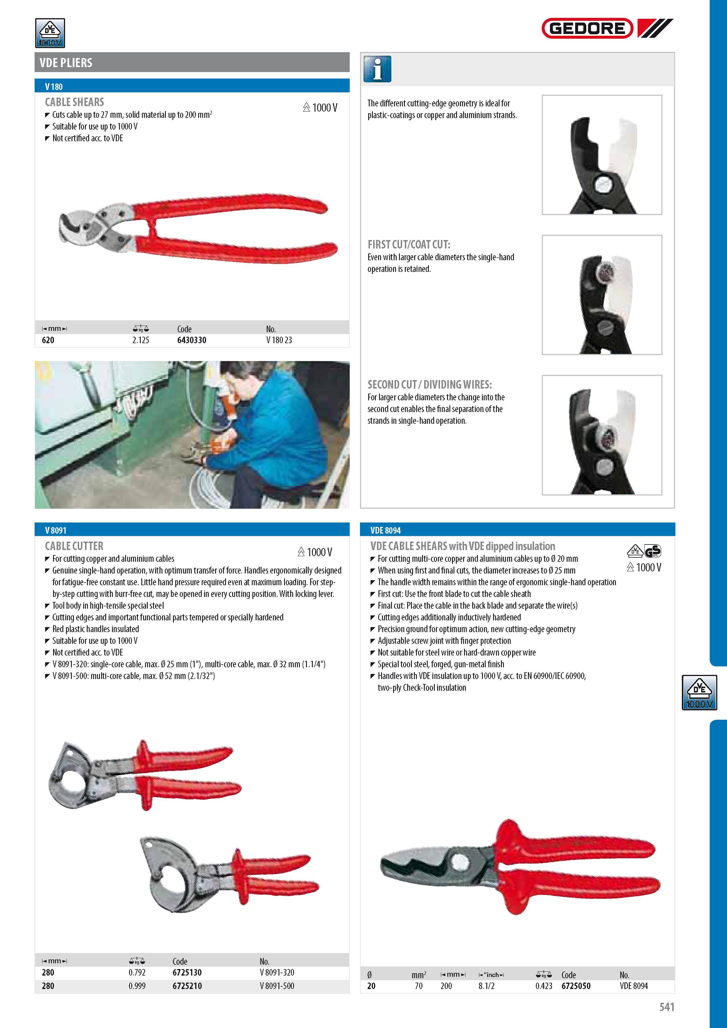 543 VDE PLIERS CABLE SHEARS Cuts cable up to 27 mm solid material up to 200 mm2 Suitable for use up to 1000 V Not certified acc to VDE & 1000 V Hmm - 620 0 2 1 Каталог GEDORE 2014 Профессиональный слесарный инструмент и оборудование для мастерских и машиностроительных производств Стр. 541 ENG