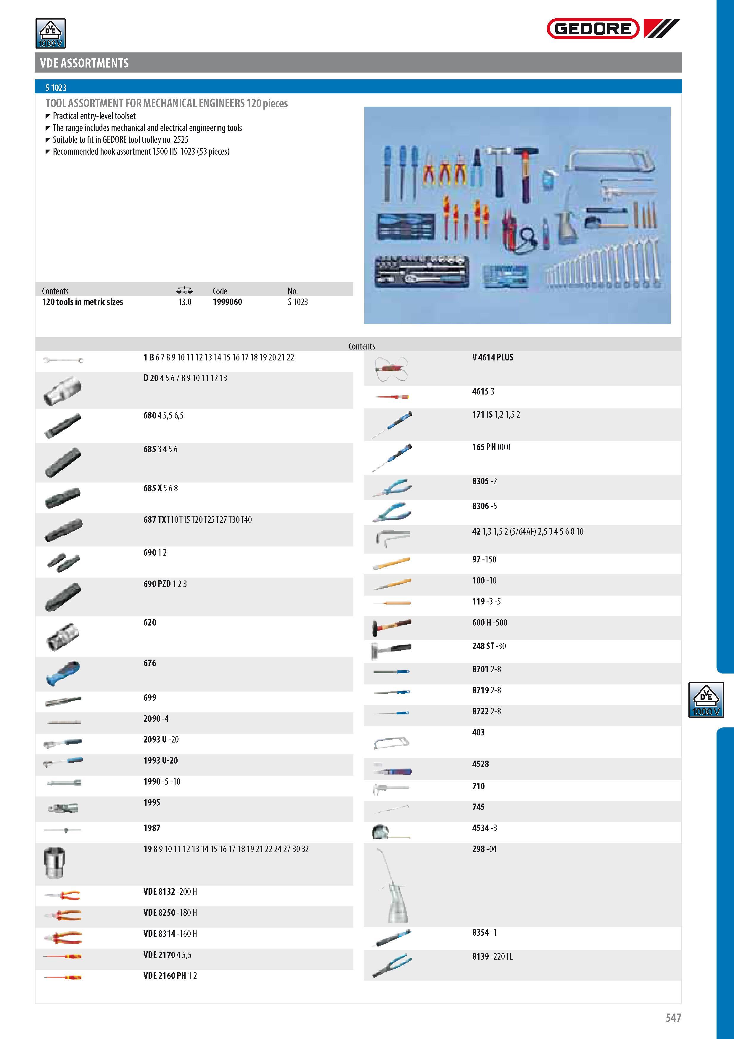 549 GEDORE VDE ASSORTMENTS TOOL ASSORTMENT FOR MECHANICAL ENGINEERS 120 pieces Practical entry-level toolset The range includes mechanical and electrical engin Каталог GEDORE 2014 Профессиональный слесарный инструмент и оборудование для мастерских и машиностроительных производств Стр. 547 ENG