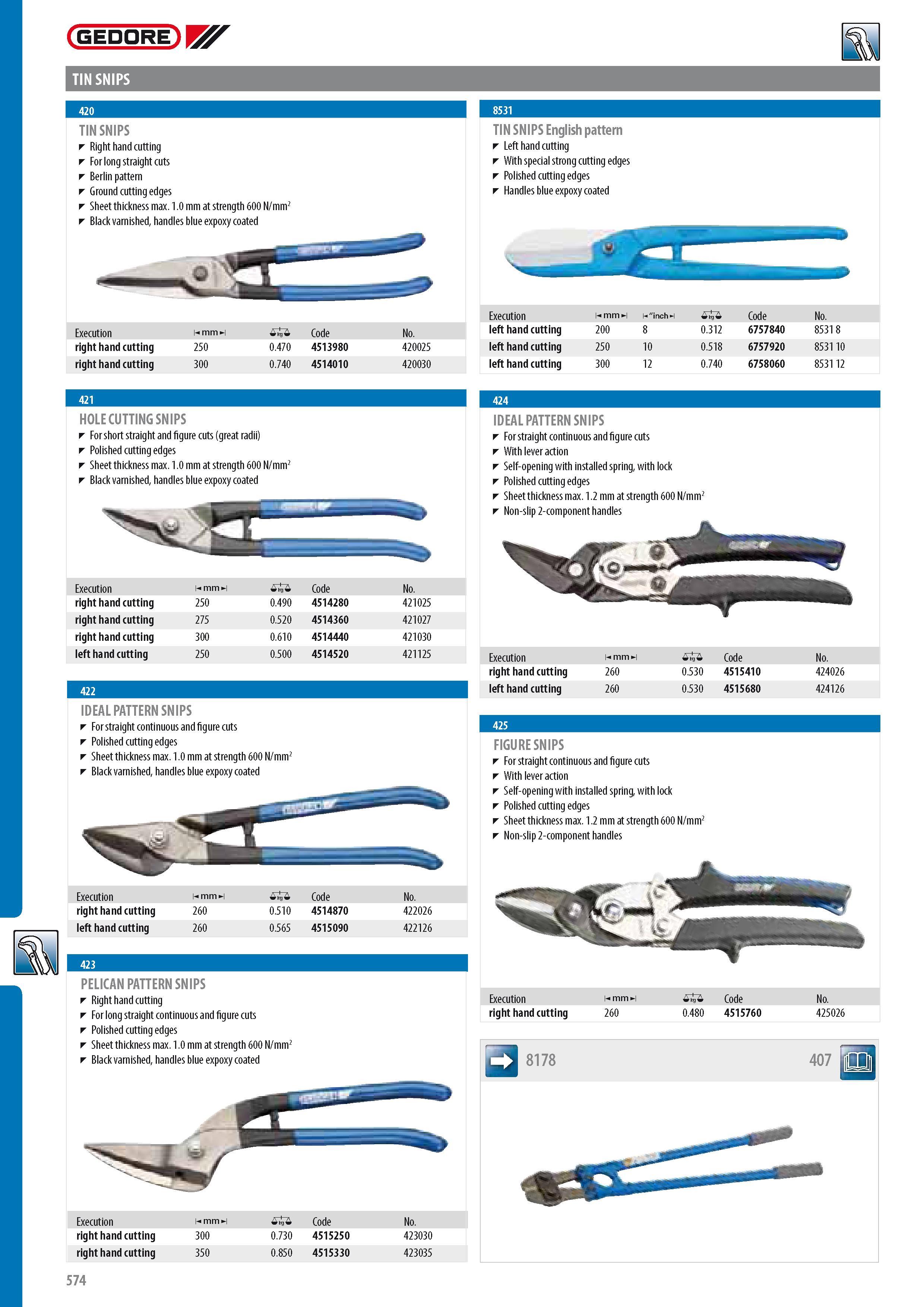 576 GEDORE TIN SNIPS TIN SNIPS Right hand cutting For long straight cuts Berlin pattern Ground cutting edges Sheet thickness max 1 0 mm at strength 600 N mm2 B Каталог GEDORE 2014 Профессиональный слесарный инструмент и оборудование для мастерских и машиностроительных производств Стр. 574 ENG