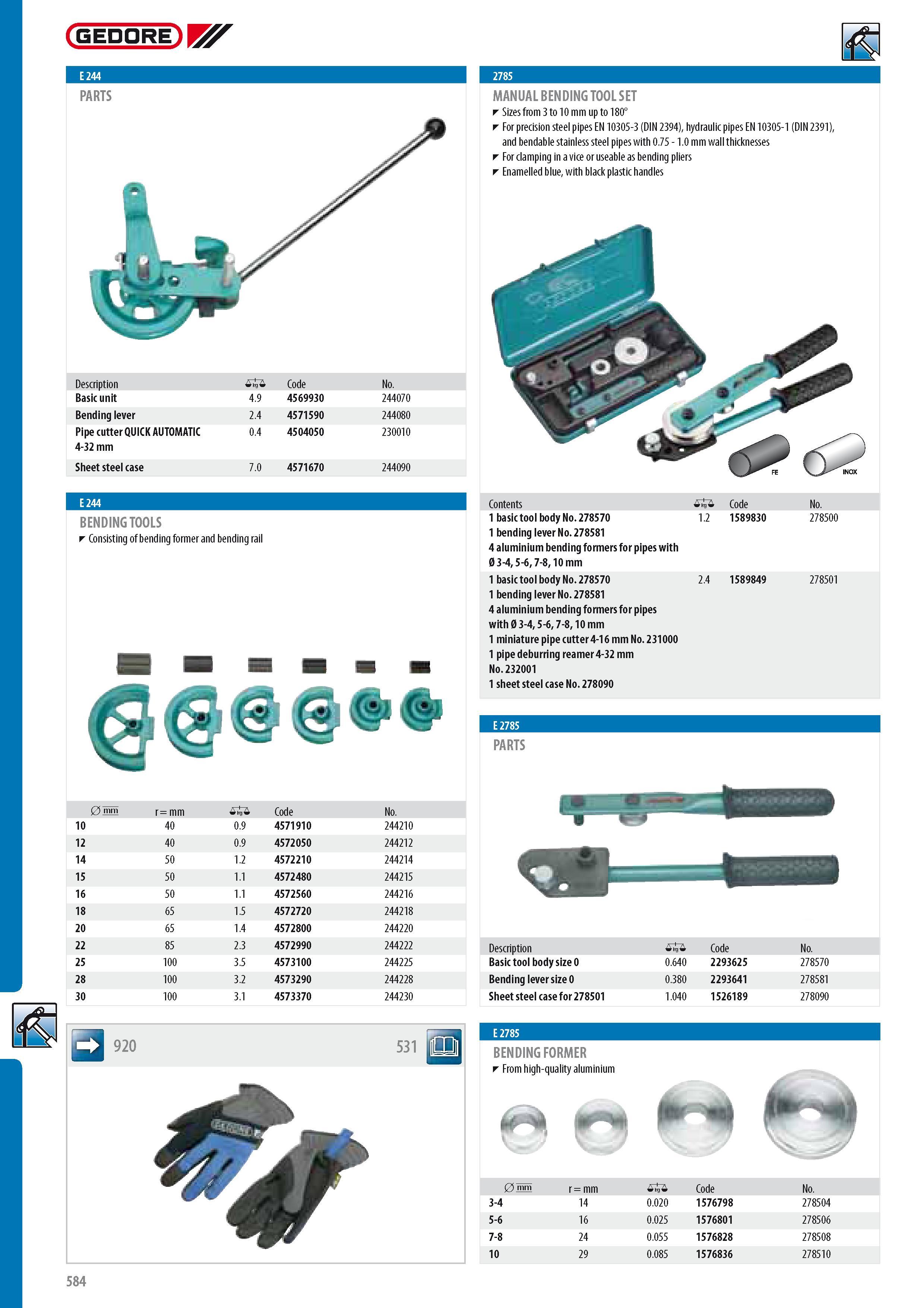 586 GEDORE PARTS Description 0 Code No Basic unit 4 9 4569930 244070 Bending lever 2 4 4571590 244080 Pipe cutter QUICK AUTOMATIC 0 4 4504050 230010 4-32 mm Sh Каталог GEDORE 2014 Профессиональный слесарный инструмент и оборудование для мастерских и машиностроительных производств Стр. 584 ENG