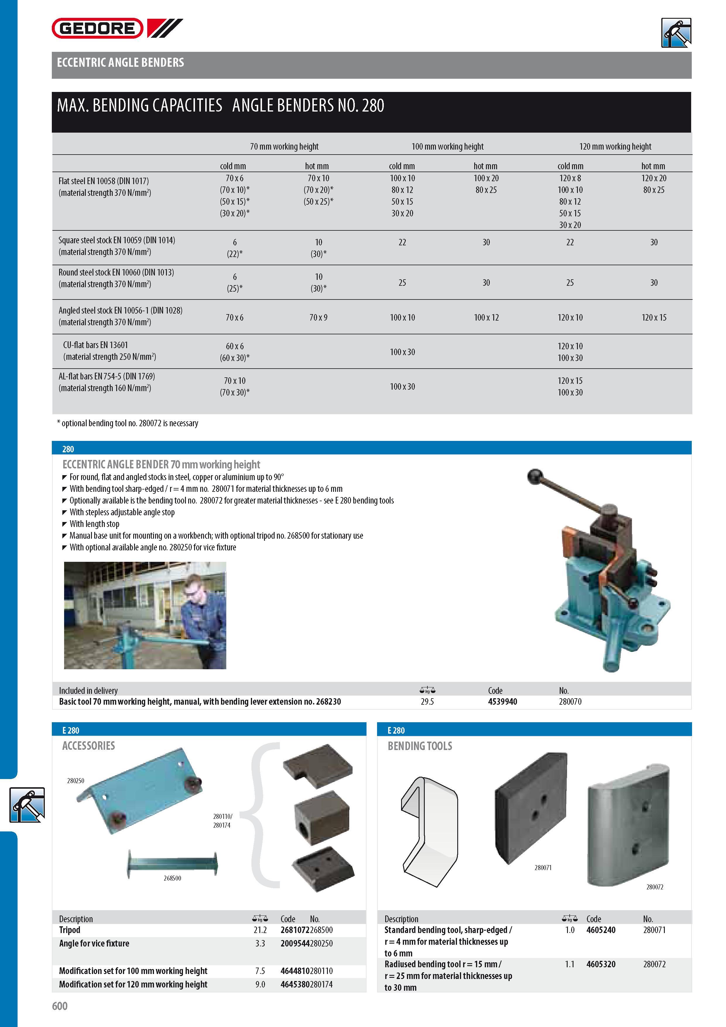 602 GEDORE ECCENTRIC ANGLE BENDERS MAX BENDING CAPACITIES ANGLE BENDERS NO 280 70 mm working height 100 mm working height 120 mm working height cold mm hot mm Каталог GEDORE 2014 Профессиональный слесарный инструмент и оборудование для мастерских и машиностроительных производств Стр. 600 ENG