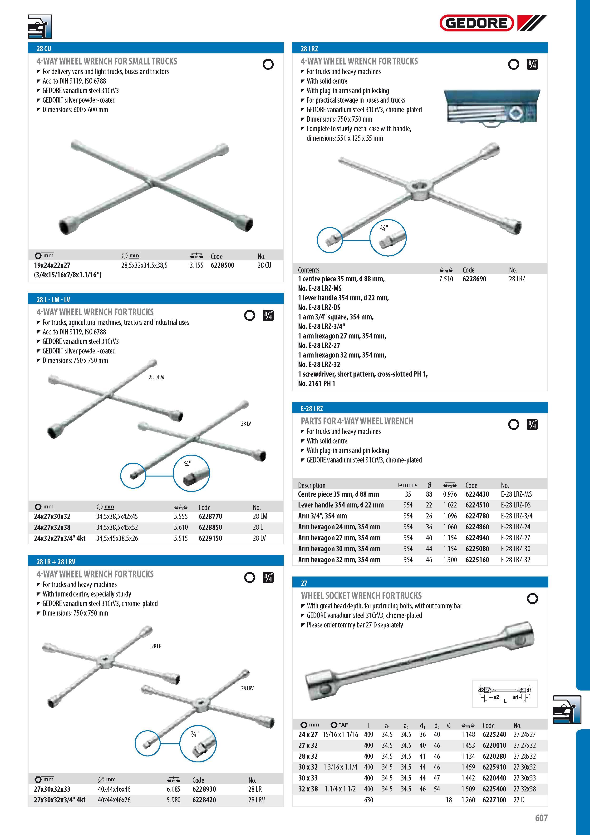 609 4-WAY WHEEL WRENCH FOR SMALL TRUCKS For delivery vans and light trucks buses and tractors Acc to DIN 3119 ISO 6788 GEDORE vanadium steel 31CrV3 GEDORIT sil Каталог GEDORE 2014 Профессиональный слесарный инструмент и оборудование для мастерских и машиностроительных производств Стр. 607 ENG