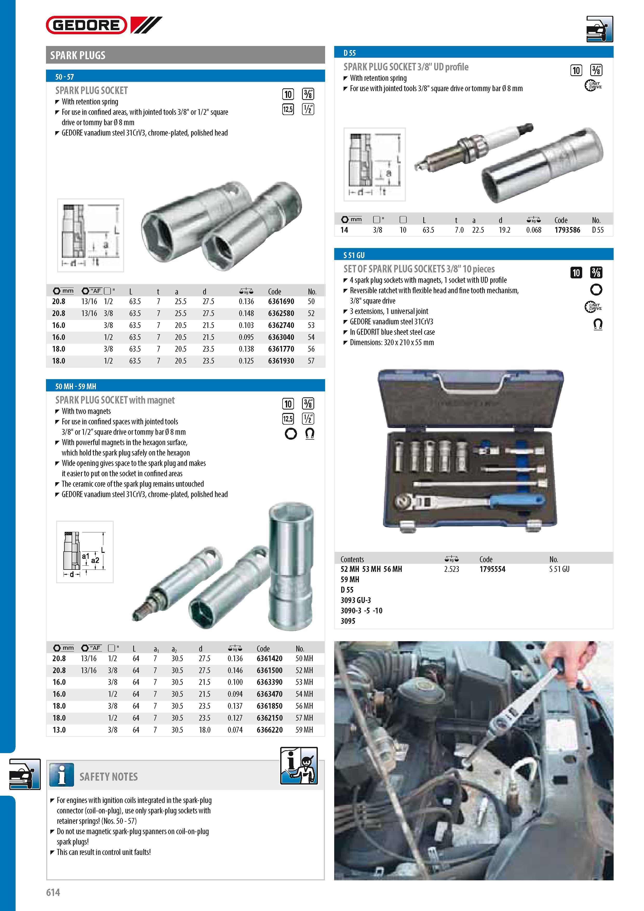 616 GEDORE SPARK PLUGS SPARK PLUG SOCKET With retention spring For use in confined areas with jointed tools 3 8 or 1 2 square drive or tommy bar 0 8 mm GEDORE Каталог GEDORE 2014 Профессиональный слесарный инструмент и оборудование для мастерских и машиностроительных производств Стр. 614 ENG