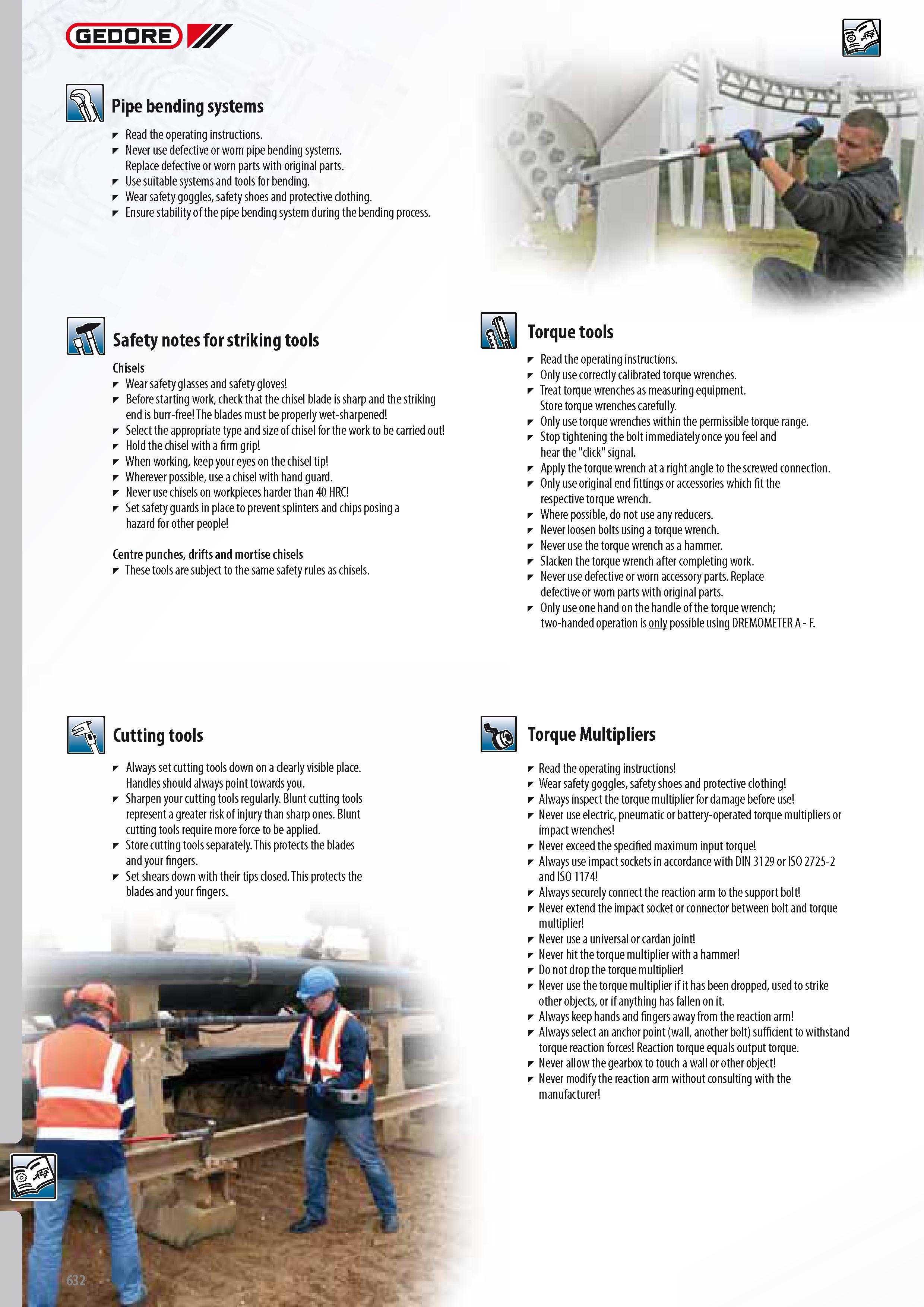 634 GEDORE Pipe bending systems Read the operating instructions Never use defective or worn pipe bending systems Replace defective or worn parts with original Каталог GEDORE 2014 Профессиональный слесарный инструмент и оборудование для мастерских и машиностроительных производств Стр. 632 ENG