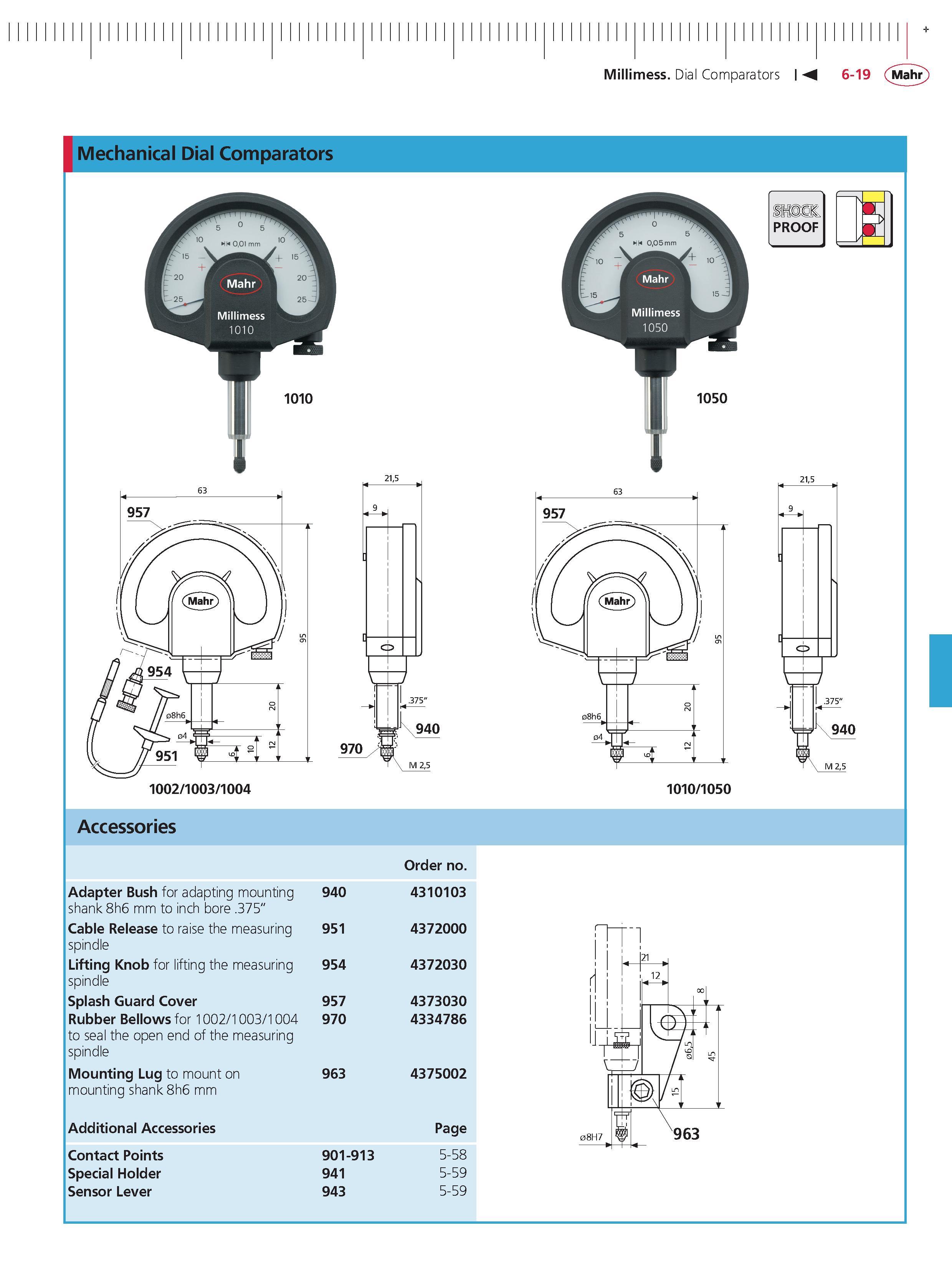 217 Millimess Dial Comparators M 6-19 Mahr Mechanical Dial Comparators PROOF 5 1010 1050 940 Accessories Adapter Bush for adapting mounting shank 8 Каталог MAHR 2014 Измерительные инструменты приборы и оборудование для линейно-угловых измерений в машиностроении Стр. 6-19 ENG
