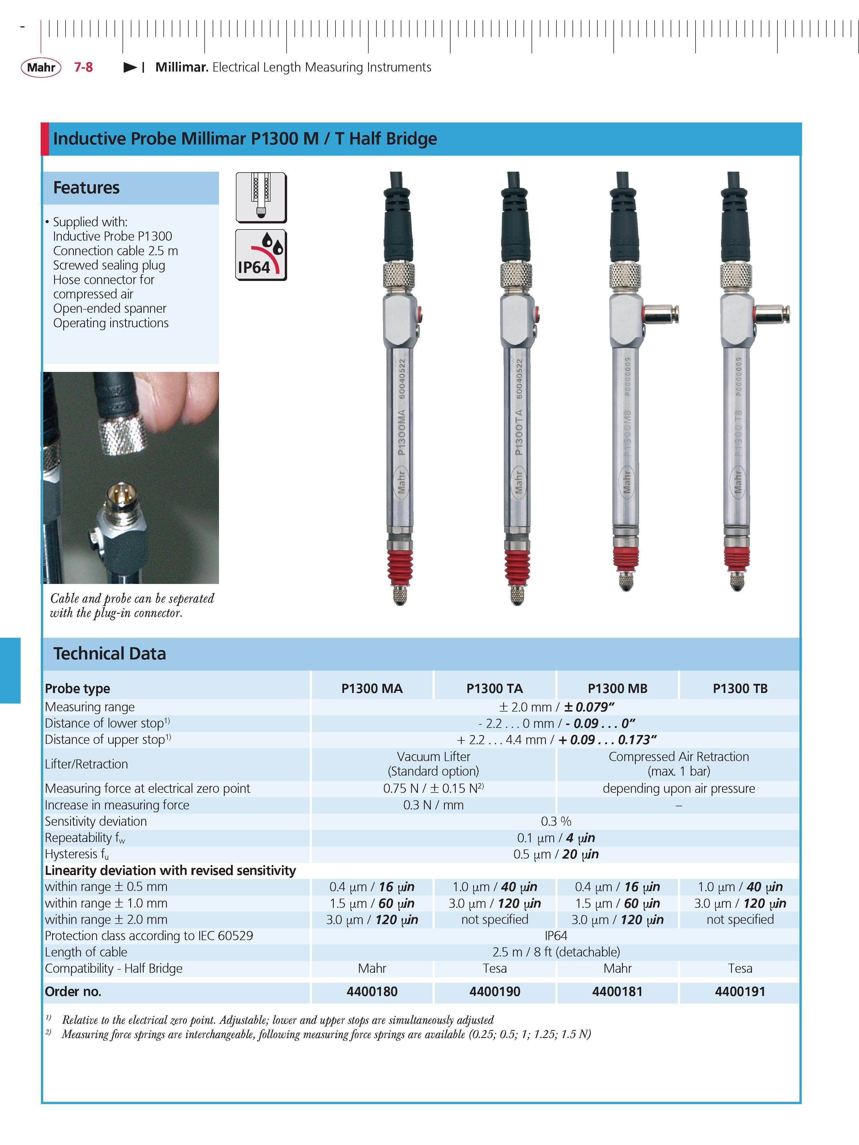 228 Mahr 7-8 Millimar Electrical Length Measuring Instruments Inductive Probe Millimar P1300 M T Half Bridge Features Supplied with Inductive Probe Каталог MAHR 2014 Измерительные инструменты приборы и оборудование для линейно-угловых измерений в машиностроении Стр. 7-8 ENG