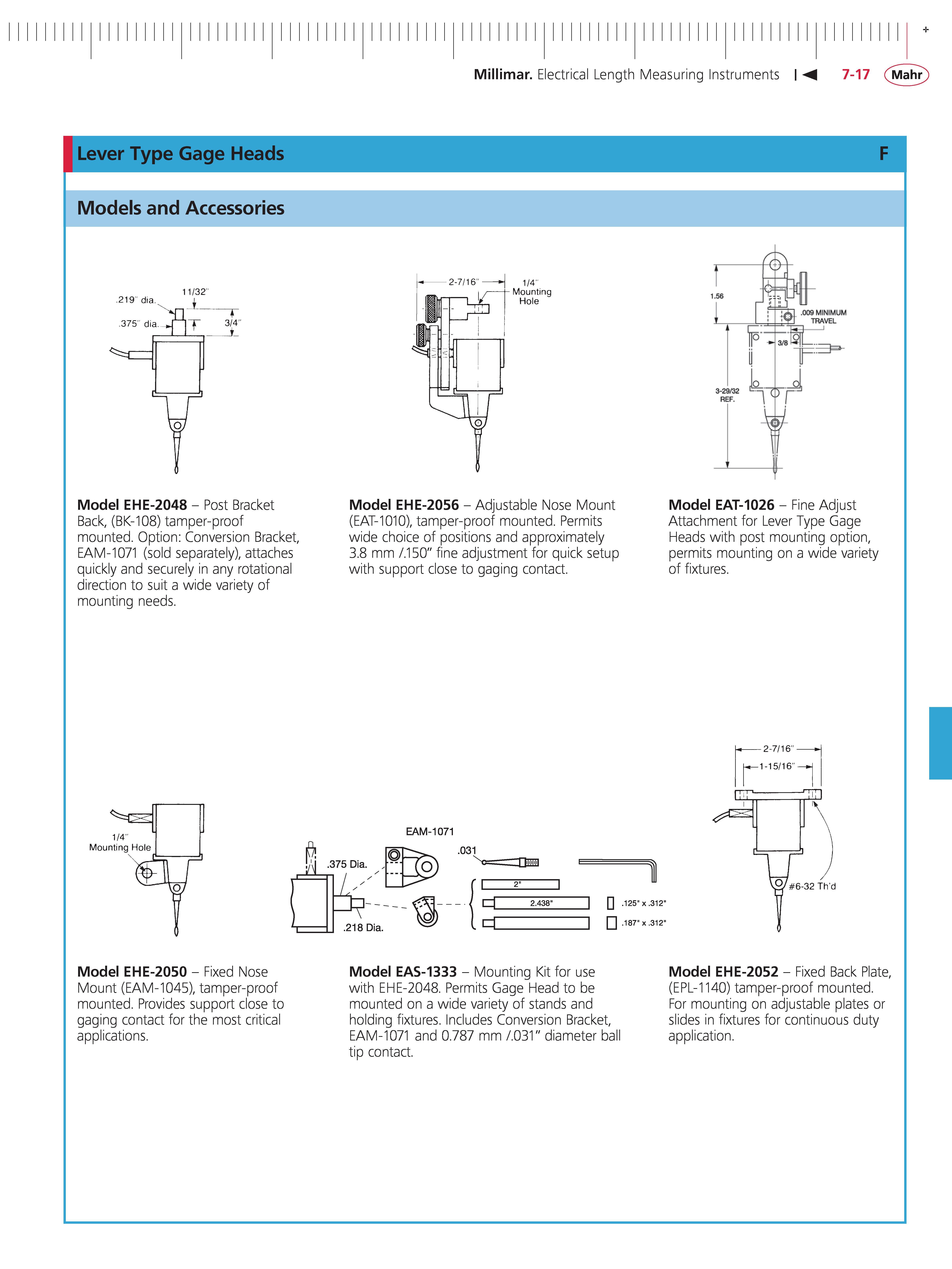 237 Millimar Electrical Length Measuring Instruments M 7-17 Mahr Lever Type Gage Heads Models and Accessories Model EHE-2048 - Post Bracket Back (B Каталог MAHR 2014 Измерительные инструменты приборы и оборудование для линейно-угловых измерений в машиностроении Стр. 7-17 ENG