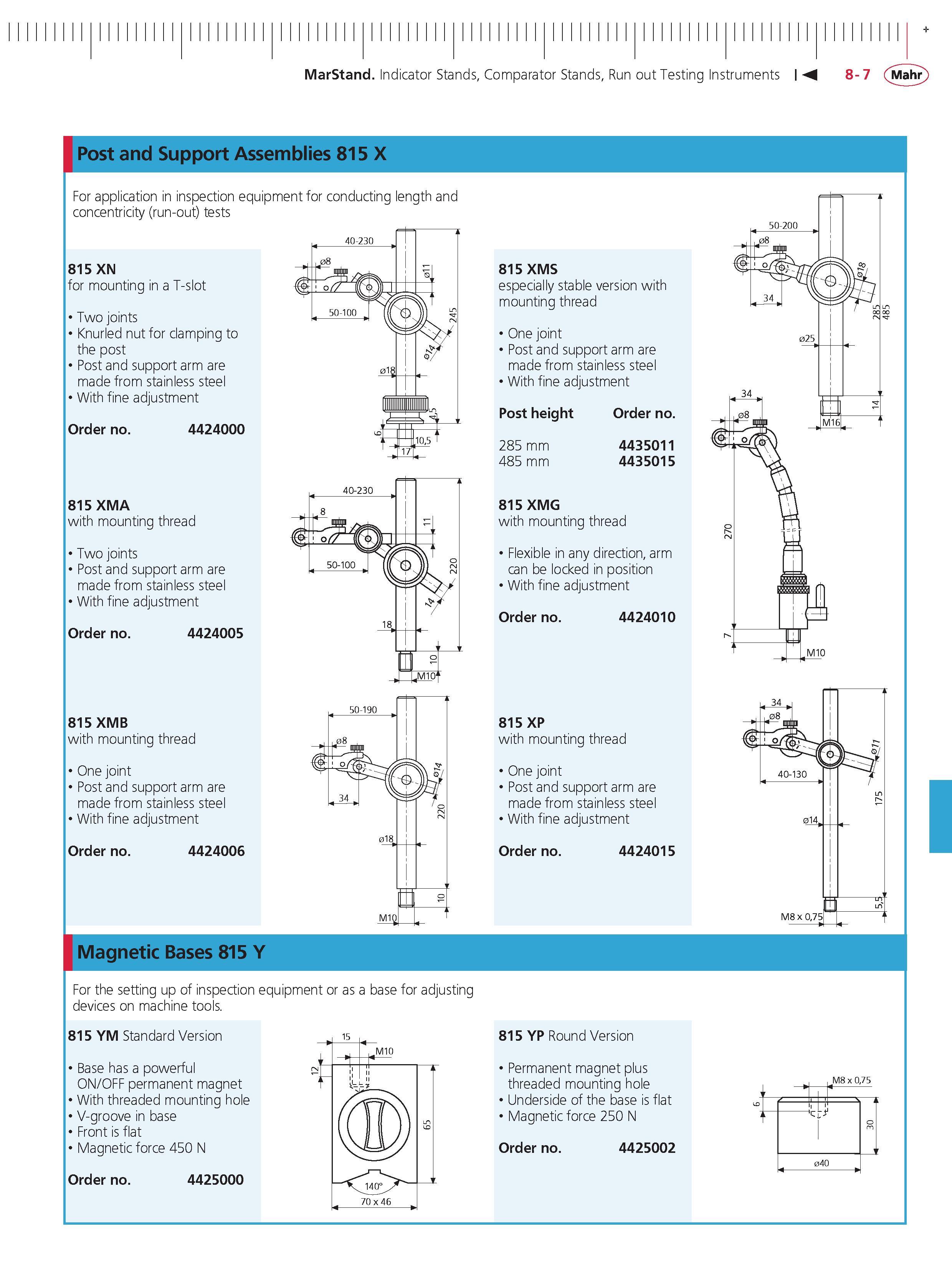 295 MarStand Indicator Stands Comparator Stands Run out Testing Instruments M 8-7 (Nlahr) Post and Support Assemblies 815 X For application in insp Каталог MAHR 2014 Измерительные инструменты приборы и оборудование для линейно-угловых измерений в машиностроении Стр. 8-7 ENG