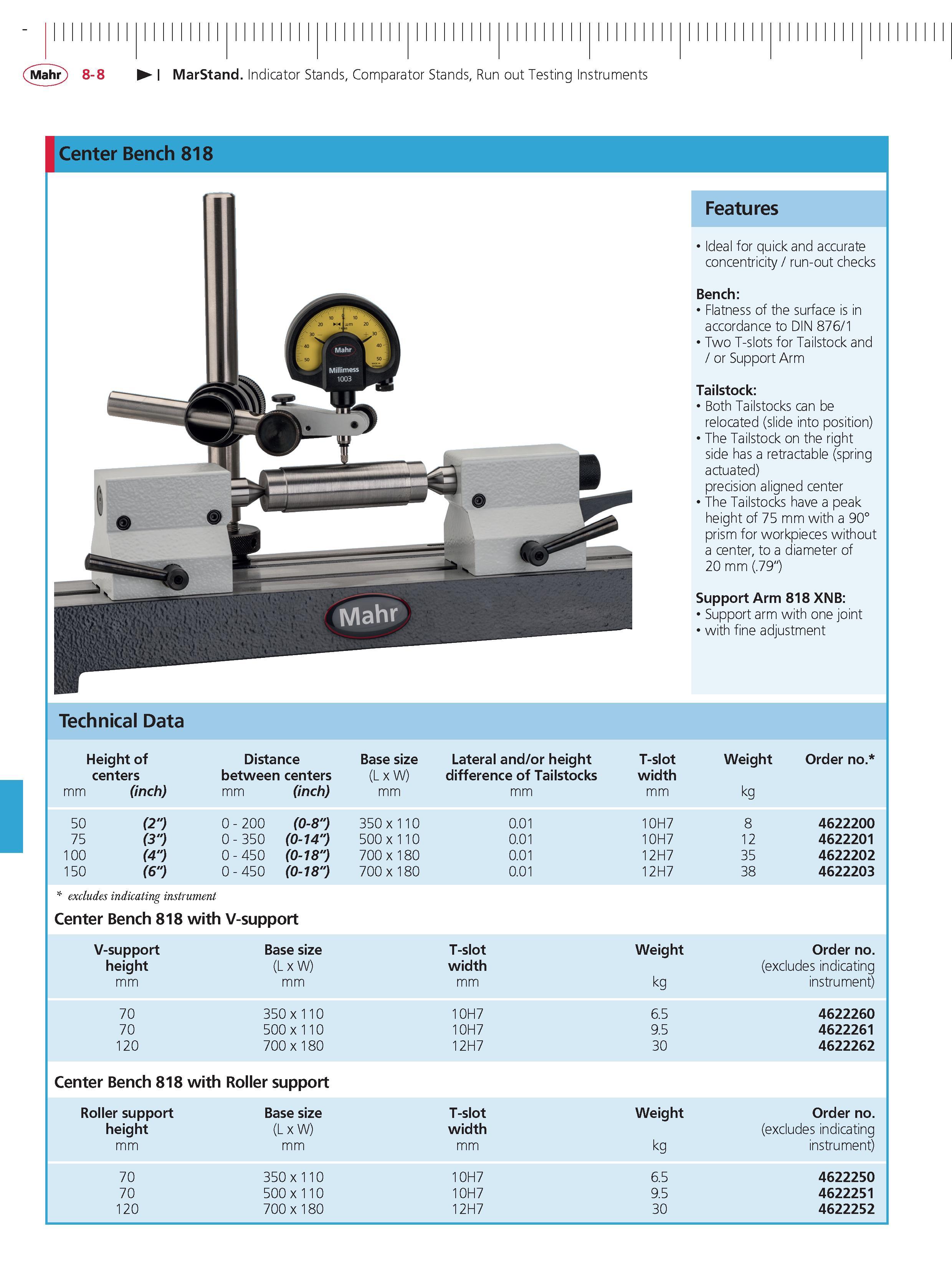 296 Mahr 8-8 MarStand Indicator Stands Comparator Stands Run out Testing Instruments Center Bench 818 Features Ideal for quick and accurate concent Каталог MAHR 2014 Измерительные инструменты приборы и оборудование для линейно-угловых измерений в машиностроении Стр. 8-8 ENG