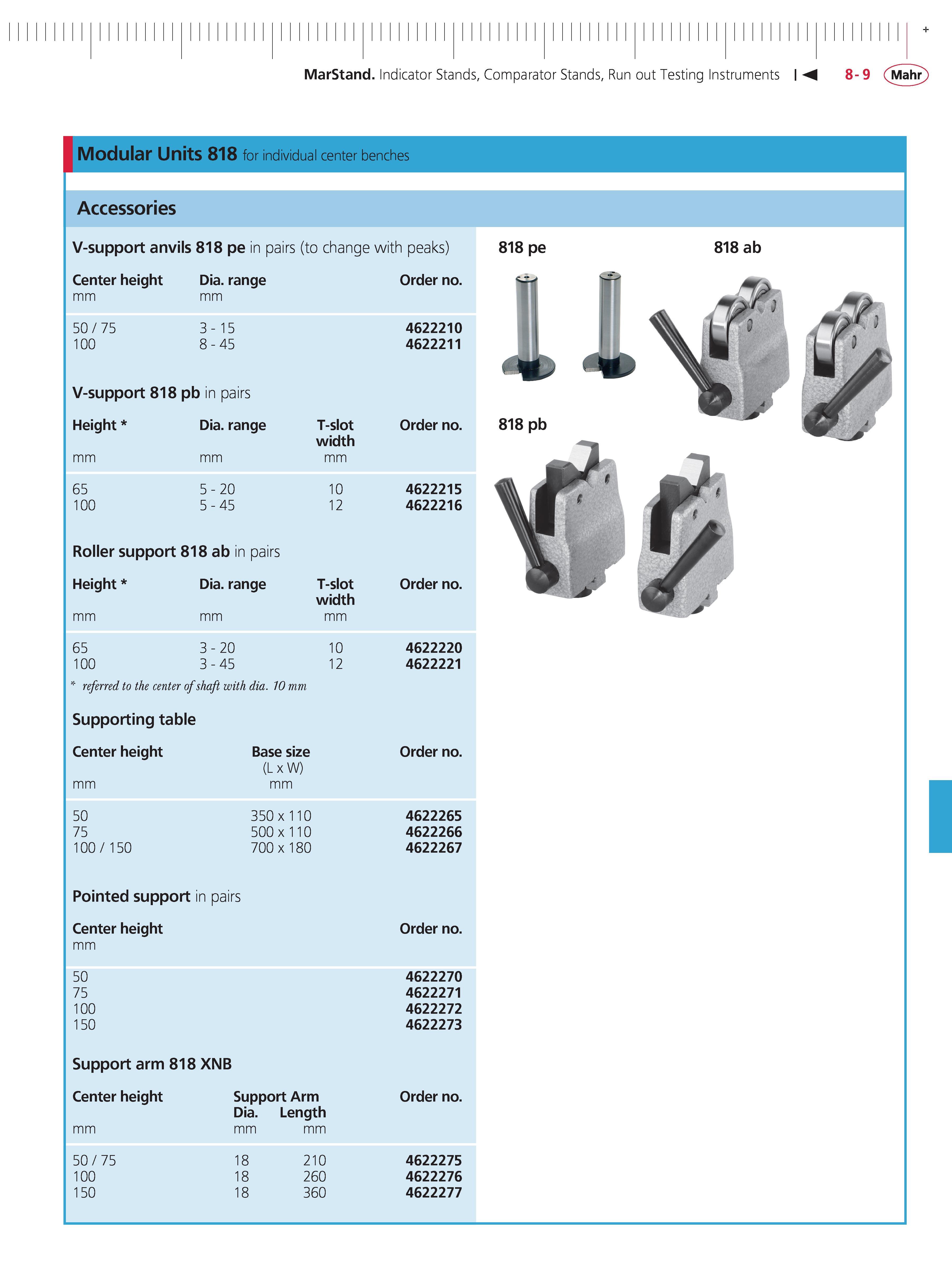 297 MarStand Indicator Stands Comparator Stands Run out Testing Instruments 8-9 Mahr Modular Units 818 for individual center benches Accessories V- Каталог MAHR 2014 Измерительные инструменты приборы и оборудование для линейно-угловых измерений в машиностроении Стр. 8-9 ENG
