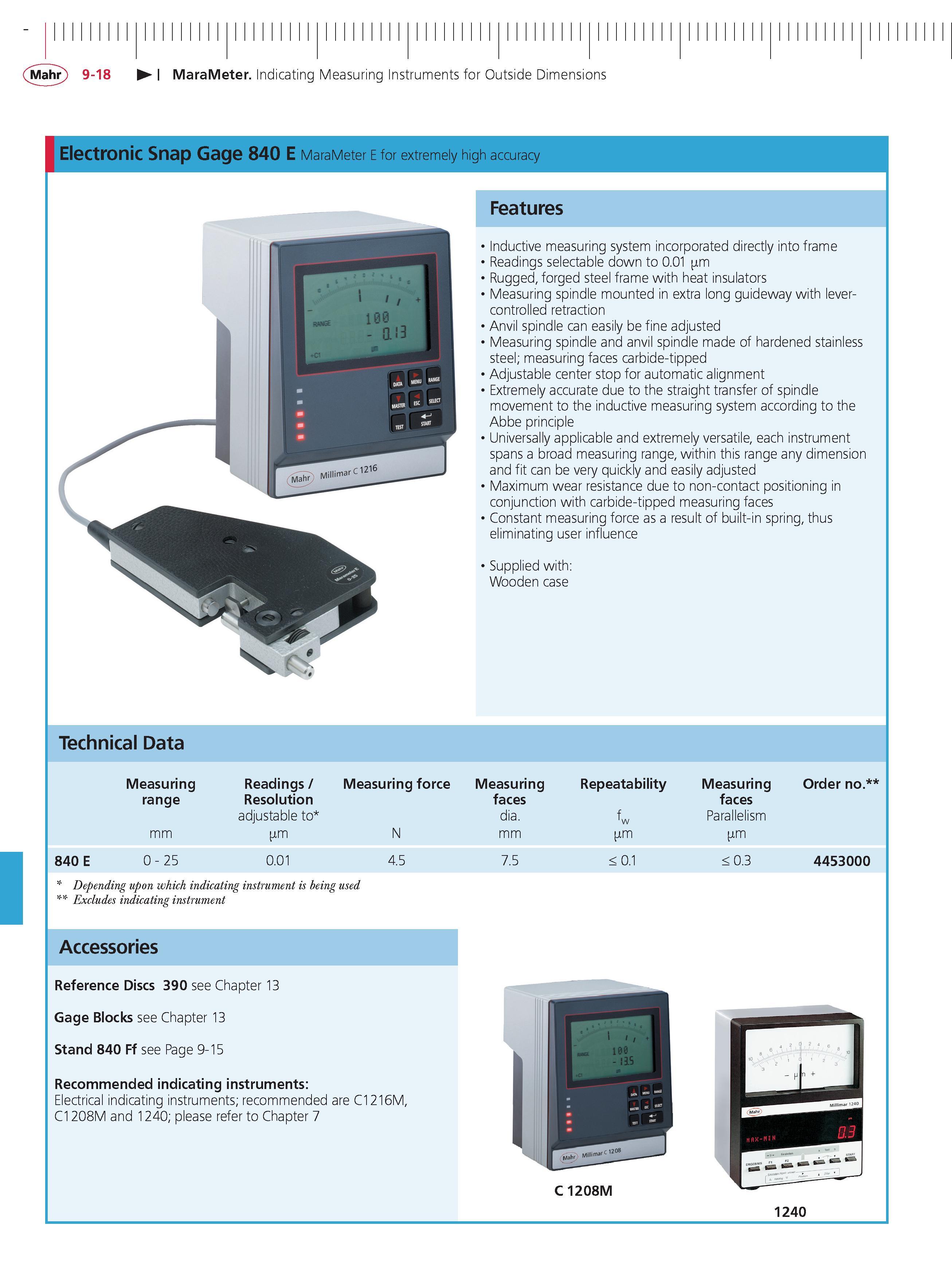 324 Mahr 9-18 MaraMeter Indicating Measuring Instruments for Outside Dimensions Electronic Snap Gage 840 E MaraMeter E for extremely high accuracy Каталог MAHR 2014 Измерительные инструменты приборы и оборудование для линейно-угловых измерений в машиностроении Стр. 9-18 ENG