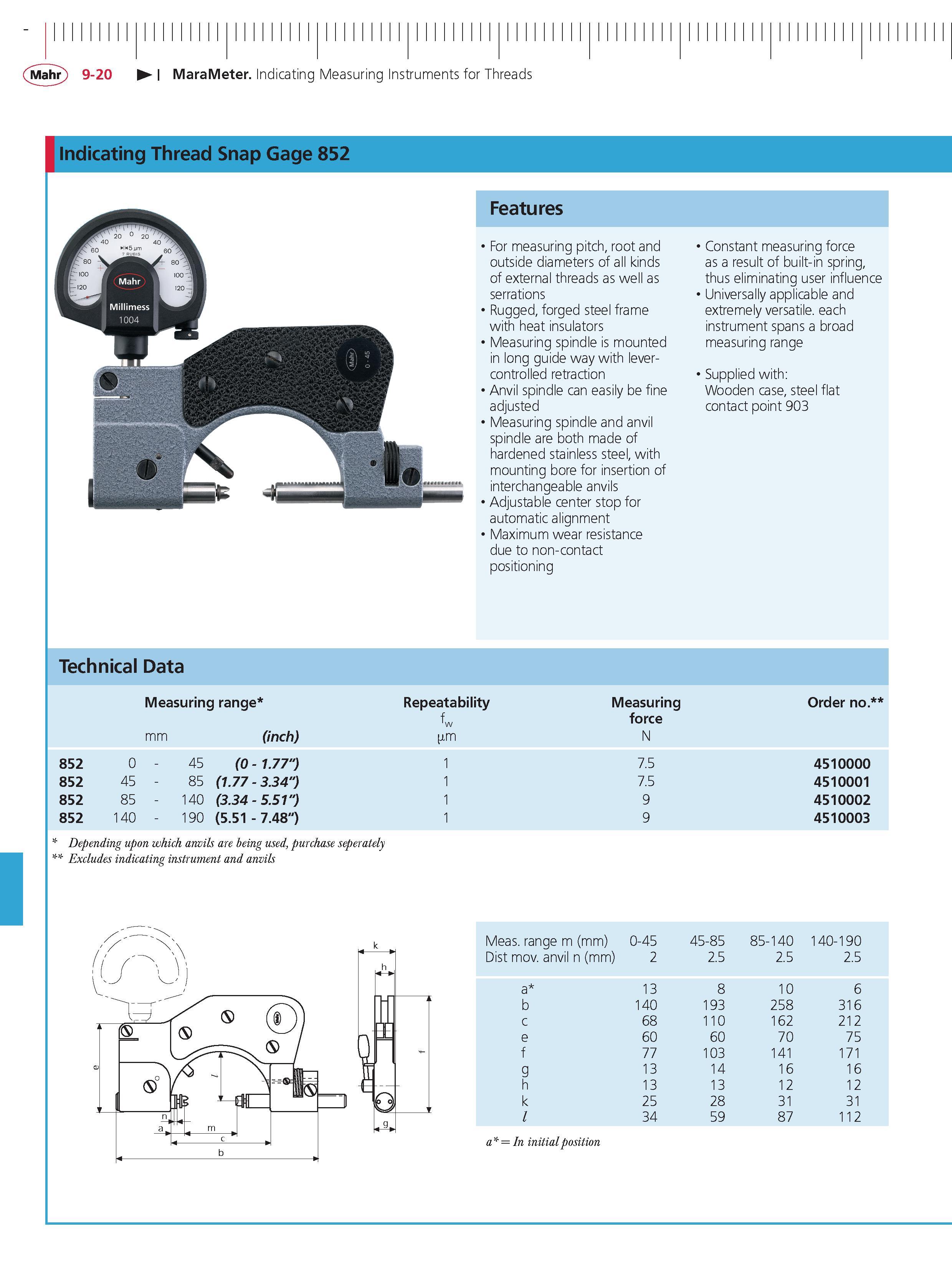 326 Mahr 9-20 MaraMeter Indicating Measuring Instruments for Threads Indicating Thread Snap Gage 852 Features For measuring pitch root and outside Каталог MAHR 2014 Измерительные инструменты приборы и оборудование для линейно-угловых измерений в машиностроении Стр. 9-20 ENG
