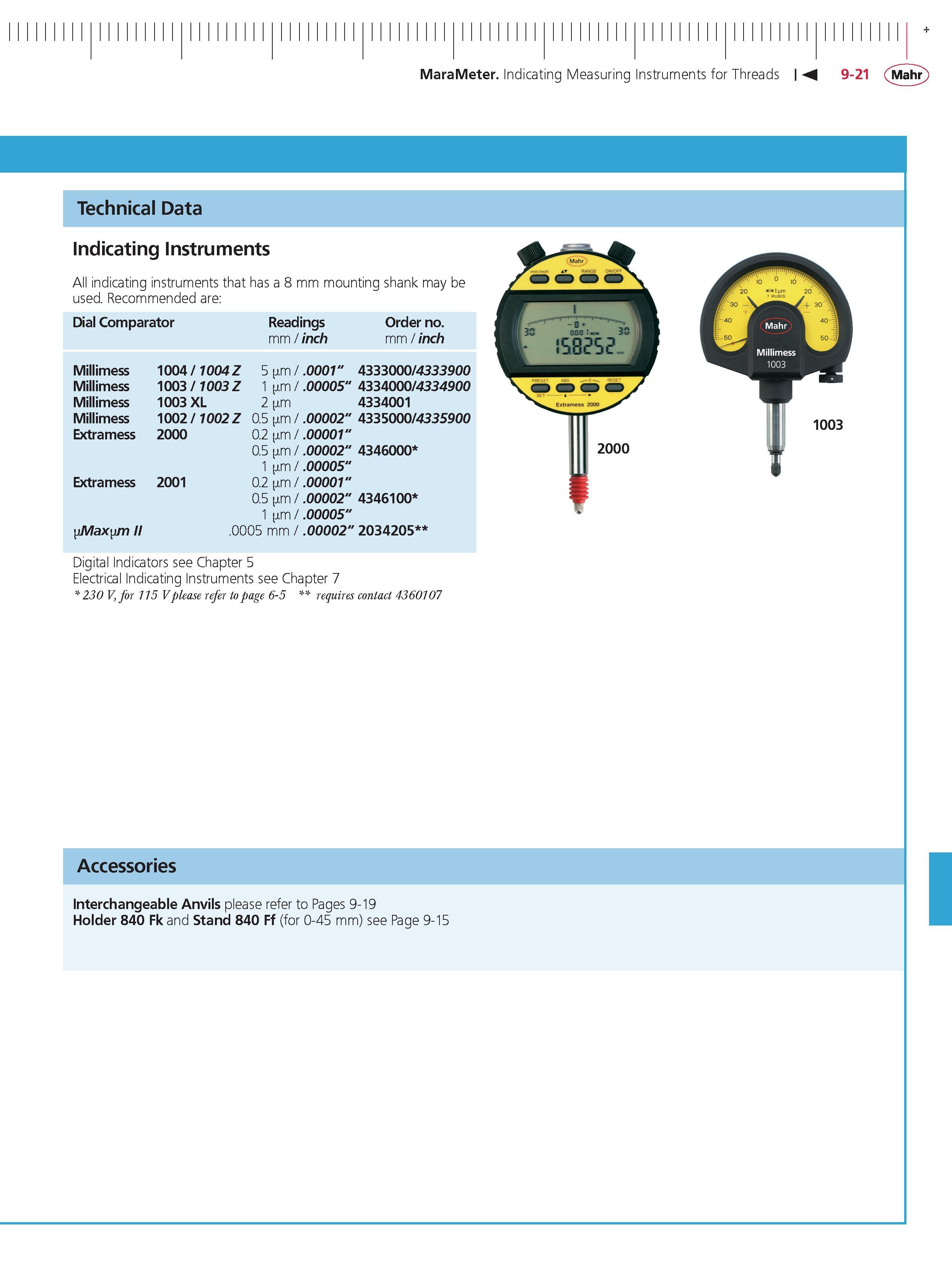 327 MaraMeter Indicating Measuring Instruments for Threads M 9-21 Mahr Technical Data Indicating Instruments All indicating instruments that has a Каталог MAHR 2014 Измерительные инструменты приборы и оборудование для линейно-угловых измерений в машиностроении Стр. 9-21 ENG