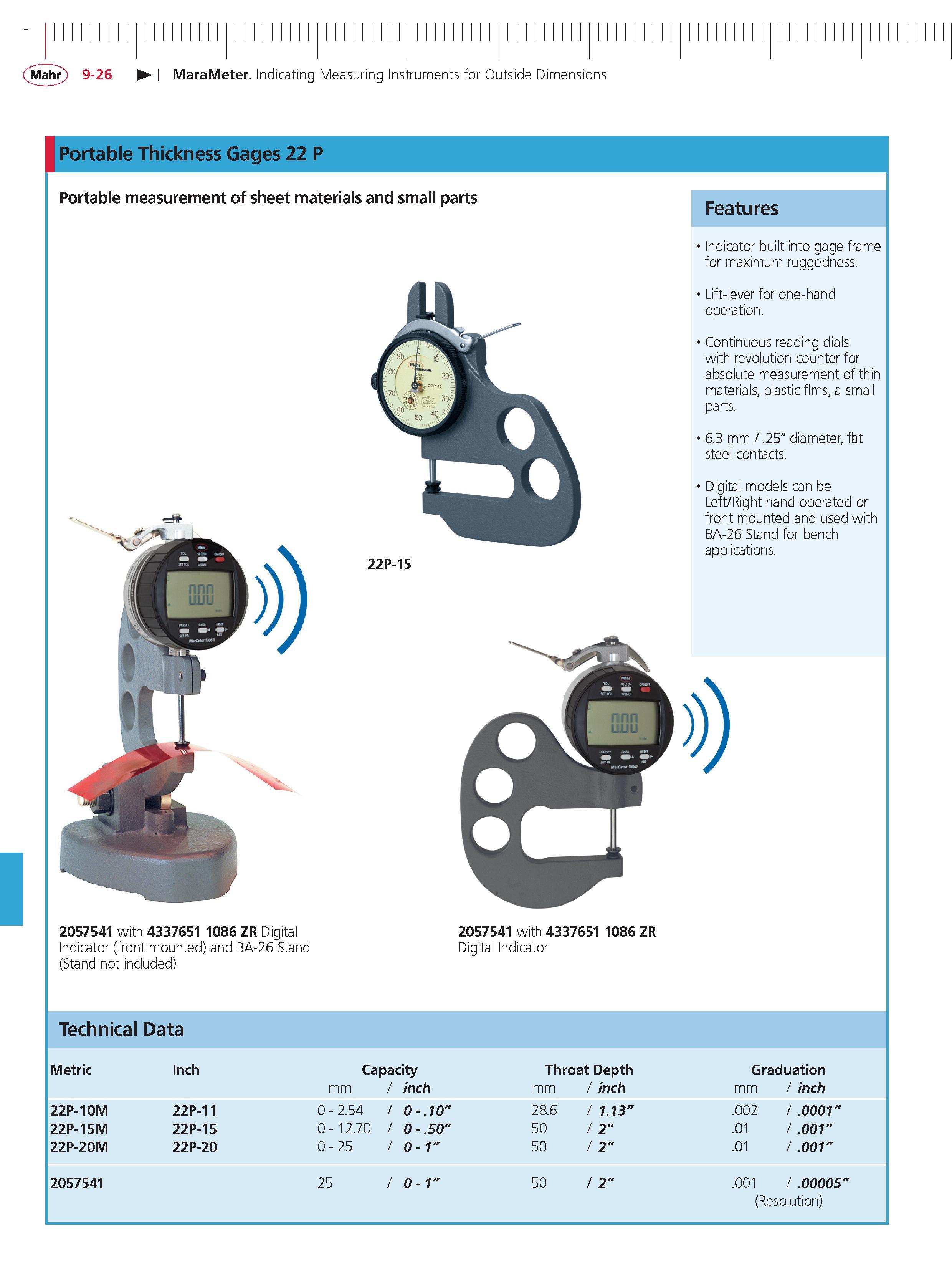 332 Mahr 9-26 MaraMeter Indicating Measuring Instruments for Outside Dimensions Portable Thickness Gages 22 P Portable measurement of sheet materia Каталог MAHR 2014 Измерительные инструменты приборы и оборудование для линейно-угловых измерений в машиностроении Стр. 9-26 ENG
