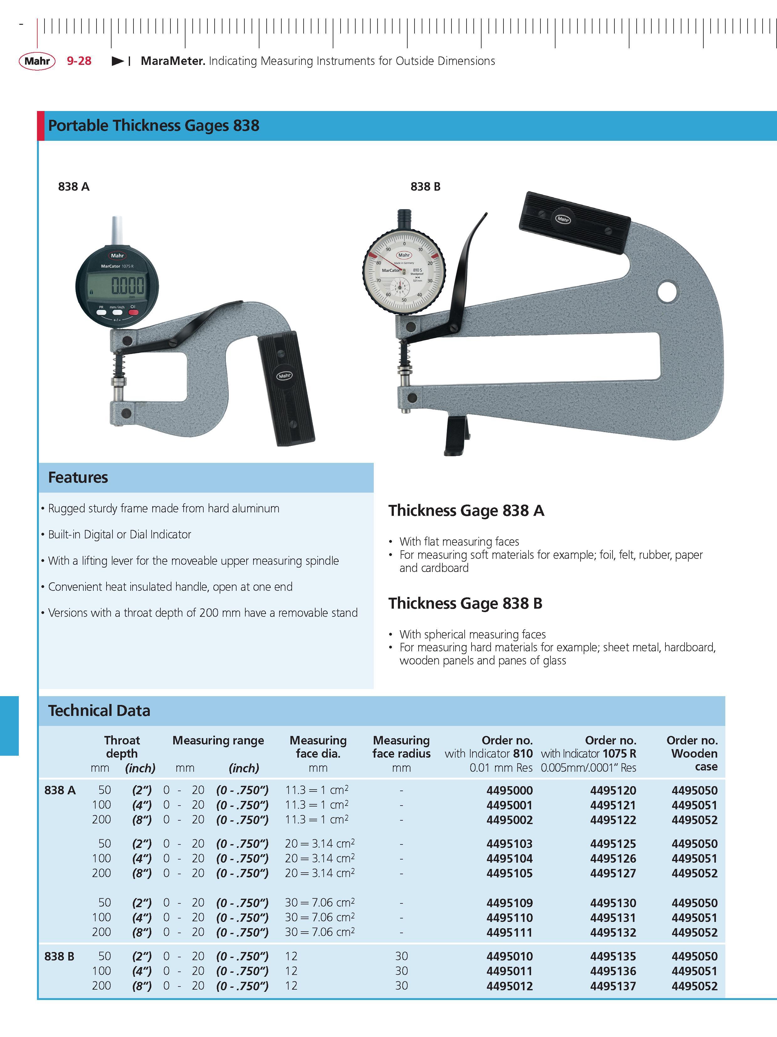 334 Mahr 9-28 MaraMeter Indicating Measuring Instruments for Outside Dimensions Portable Thickness Gages 838 838 A 838 B Features Rugged sturdy fra Каталог MAHR 2014 Измерительные инструменты приборы и оборудование для линейно-угловых измерений в машиностроении Стр. 9-28 ENG
