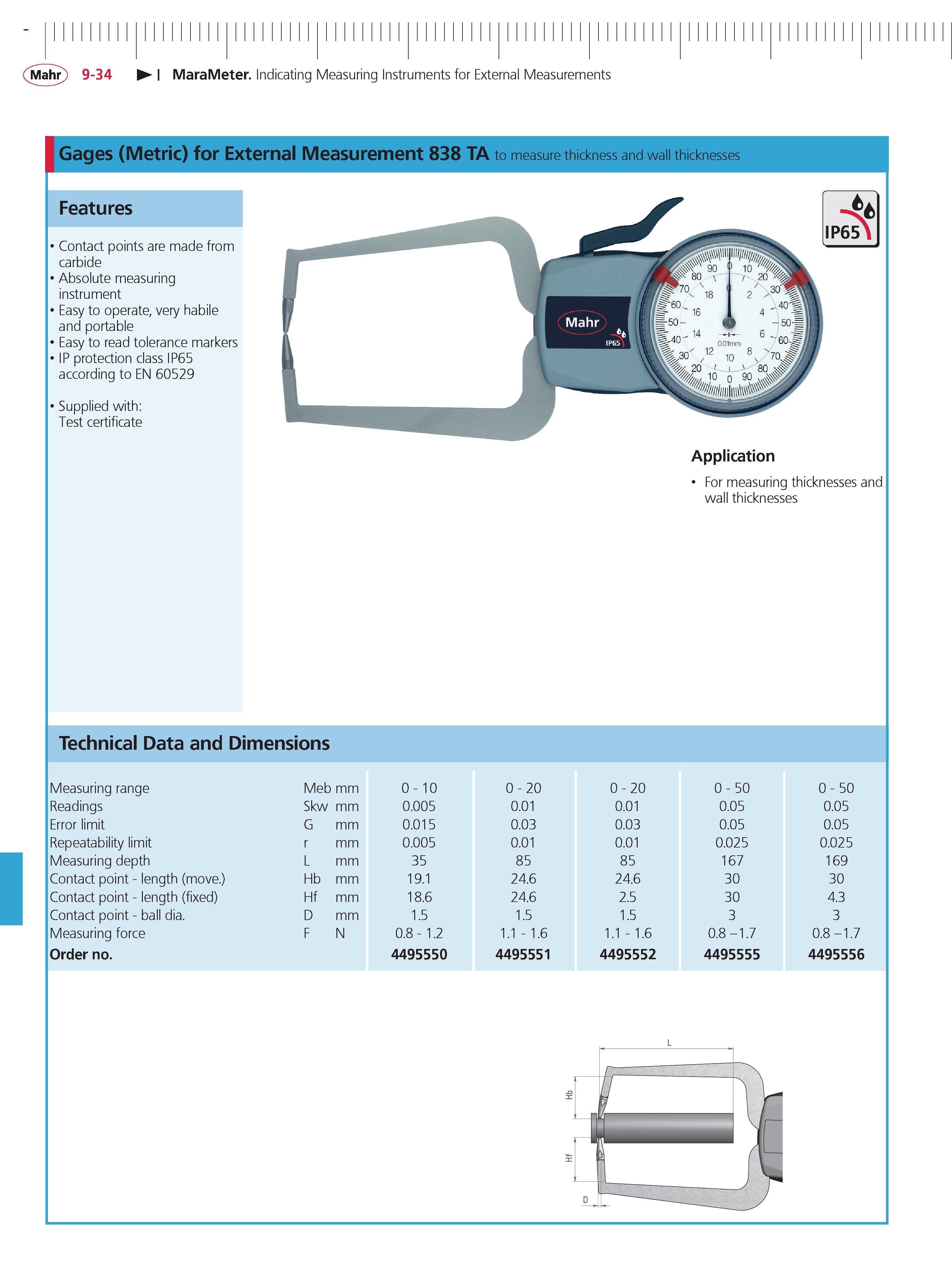 340 Mahr 9-34 MaraMeter Indicating Measuring Instruments for External Measurements Gages (Metric) for External Measurement 838 TA to measure thickn Каталог MAHR 2014 Измерительные инструменты приборы и оборудование для линейно-угловых измерений в машиностроении Стр. 9-34 ENG