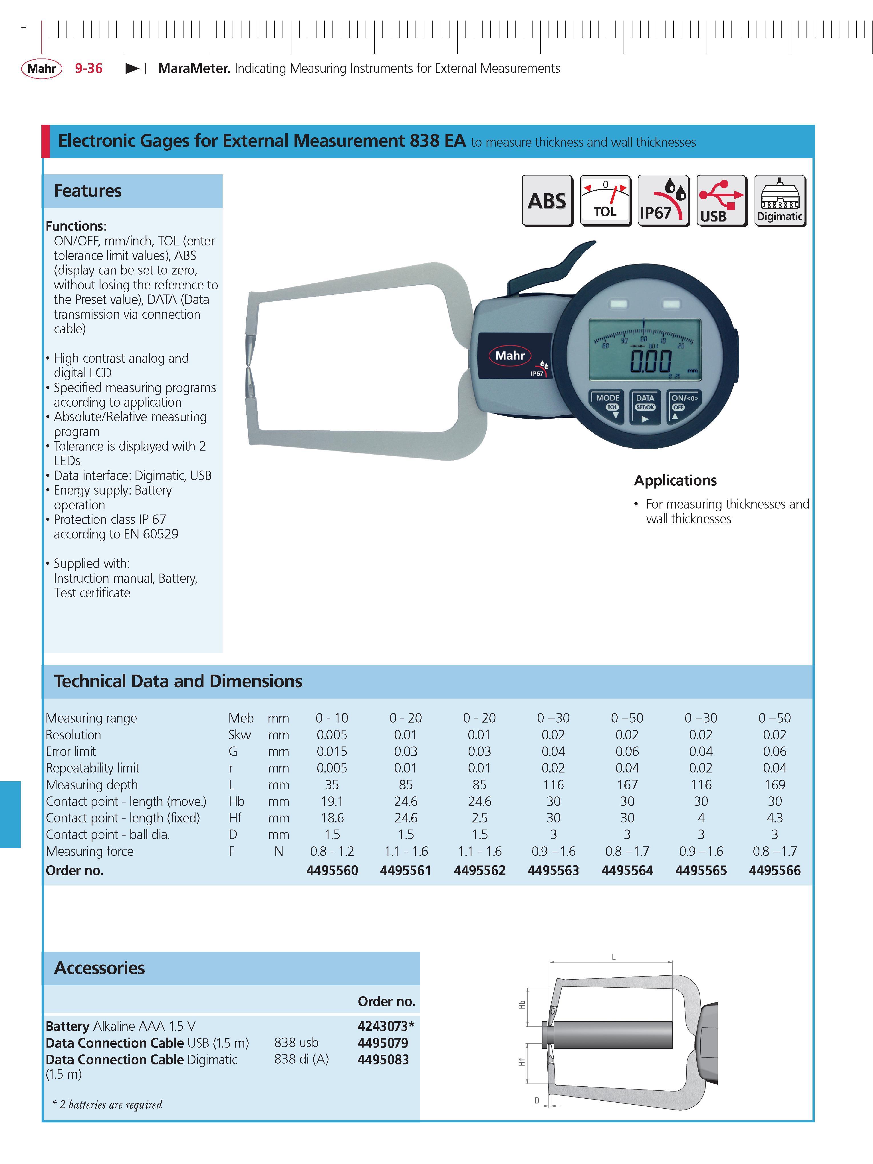 342 Mahr 9-36 MaraMeter Indicating Measuring Instruments for External Measurements Electronic Gages for External Measurement 838 EA to measure thic Каталог MAHR 2014 Измерительные инструменты приборы и оборудование для линейно-угловых измерений в машиностроении Стр. 9-36 ENG