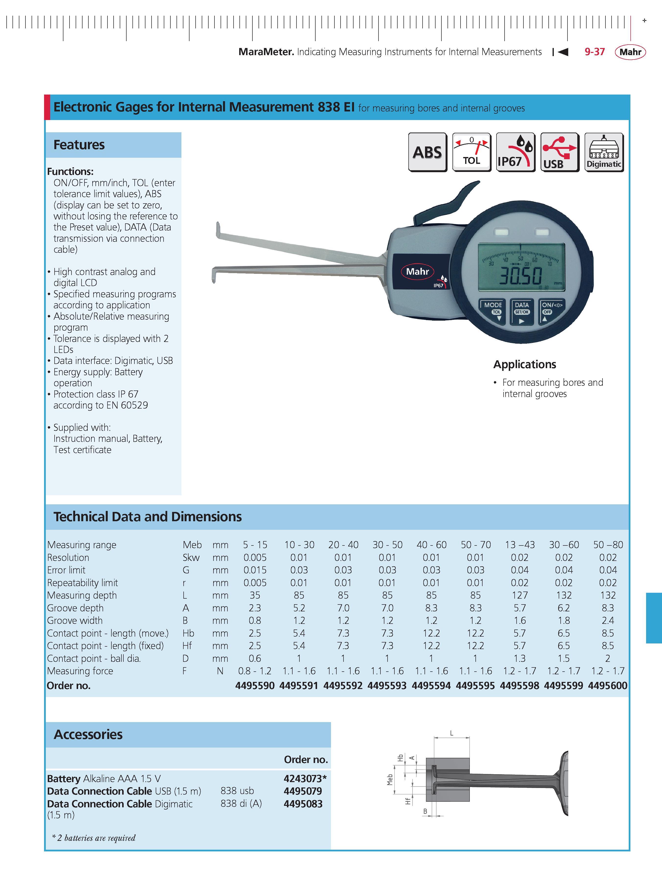 343 MaraMeter Indicating Measuring Instruments for Internal Measurements 9-37 Mahr Electronic Gages for Internal Measurement 838 EI for measuring b Каталог MAHR 2014 Измерительные инструменты приборы и оборудование для линейно-угловых измерений в машиностроении Стр. 9-37 ENG